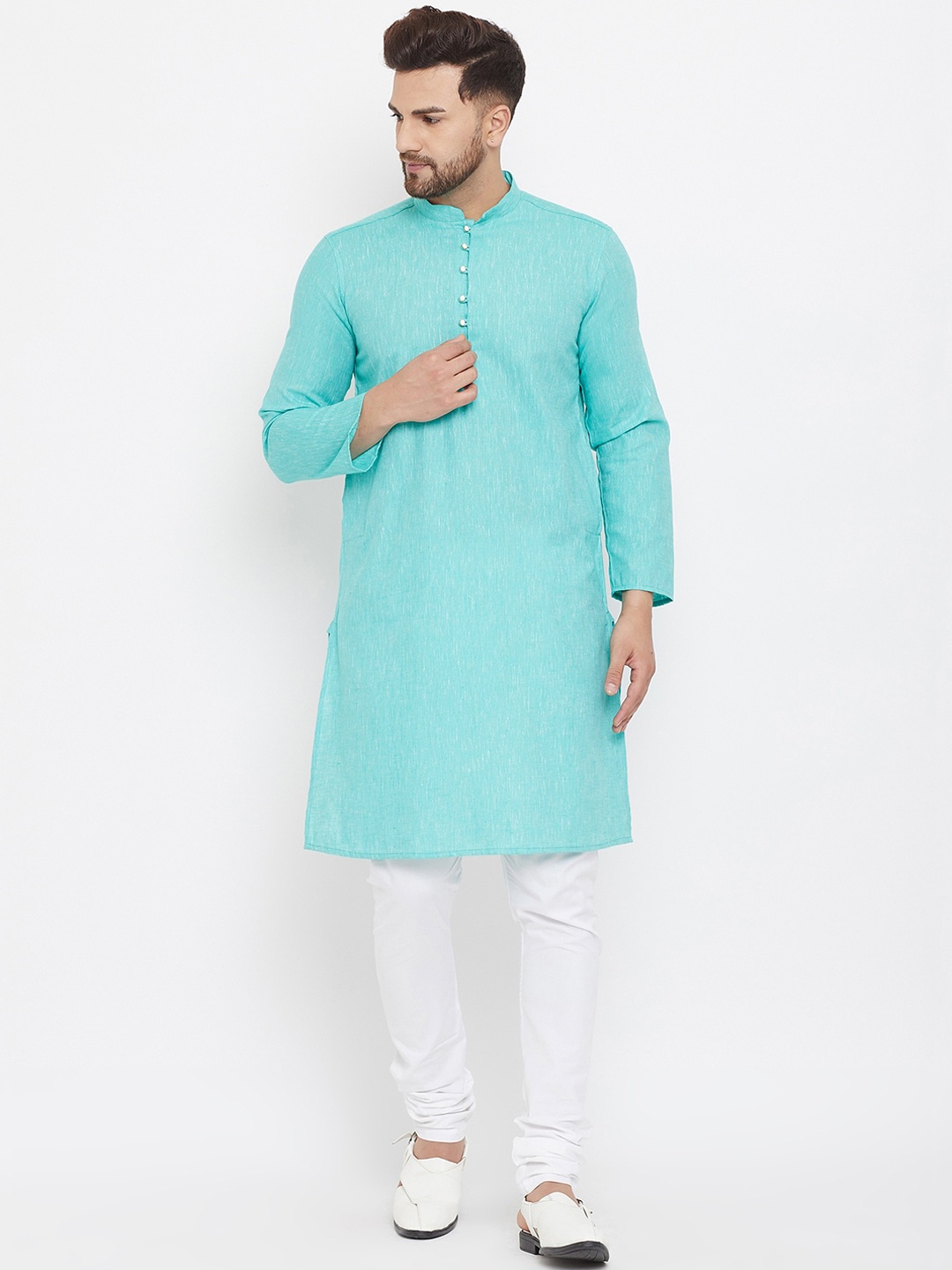 even Men Turquoise Blue Solid Pure Cotton Kurta