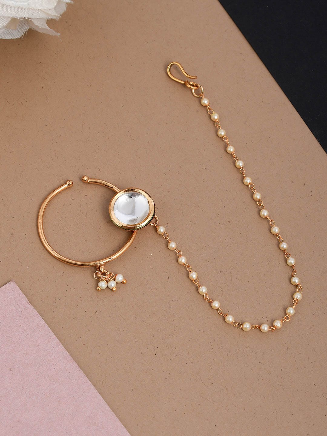 

Silvermerc Designs Gold-Plated & White Kundan Studded Pearl Beaded Nose Ring