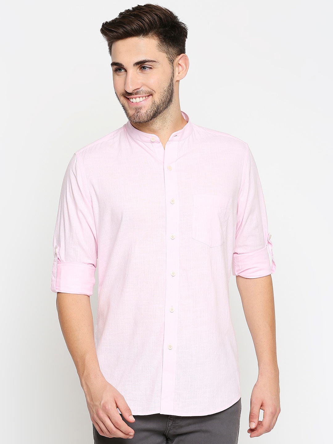

EVOQ Men Pink Linen Regular Fit Solid Casual Shirt