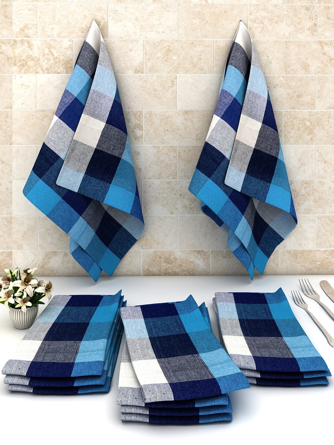 

Athom Trendz Pack Of 12 Multi-colored Checked Cotton Cleaning Cloth, Blue
