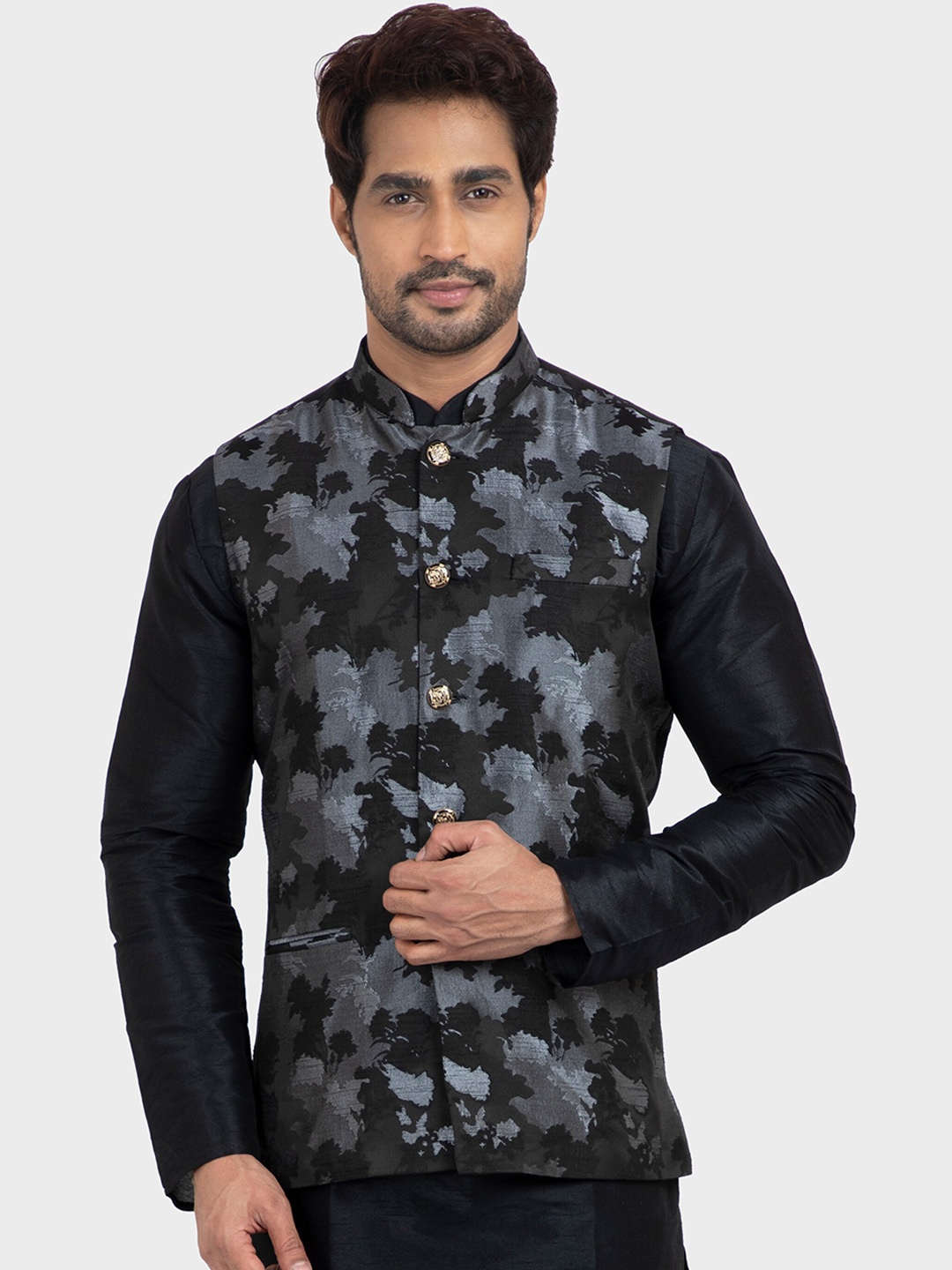 N Dot Men Black & Grey Printed Woven Nehru Jacket