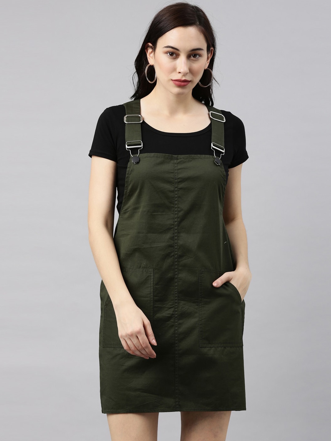 ZHEIA Women Olive Green Solid Cotton Pinafore Dress