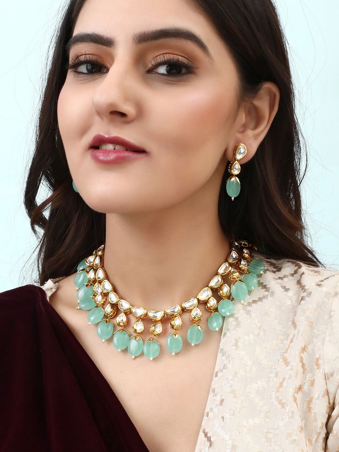 

Rubans 24K Gold-Toned Pachi Kundan & Beads Studded Handcrafted Jewellery Set