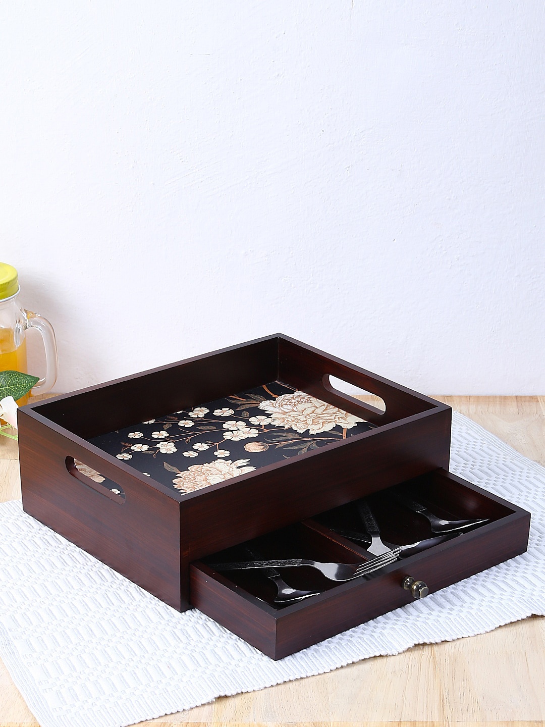 

Reinvention Factory Brown & Navy Blue Floral Multi-Utility Organiser Tray