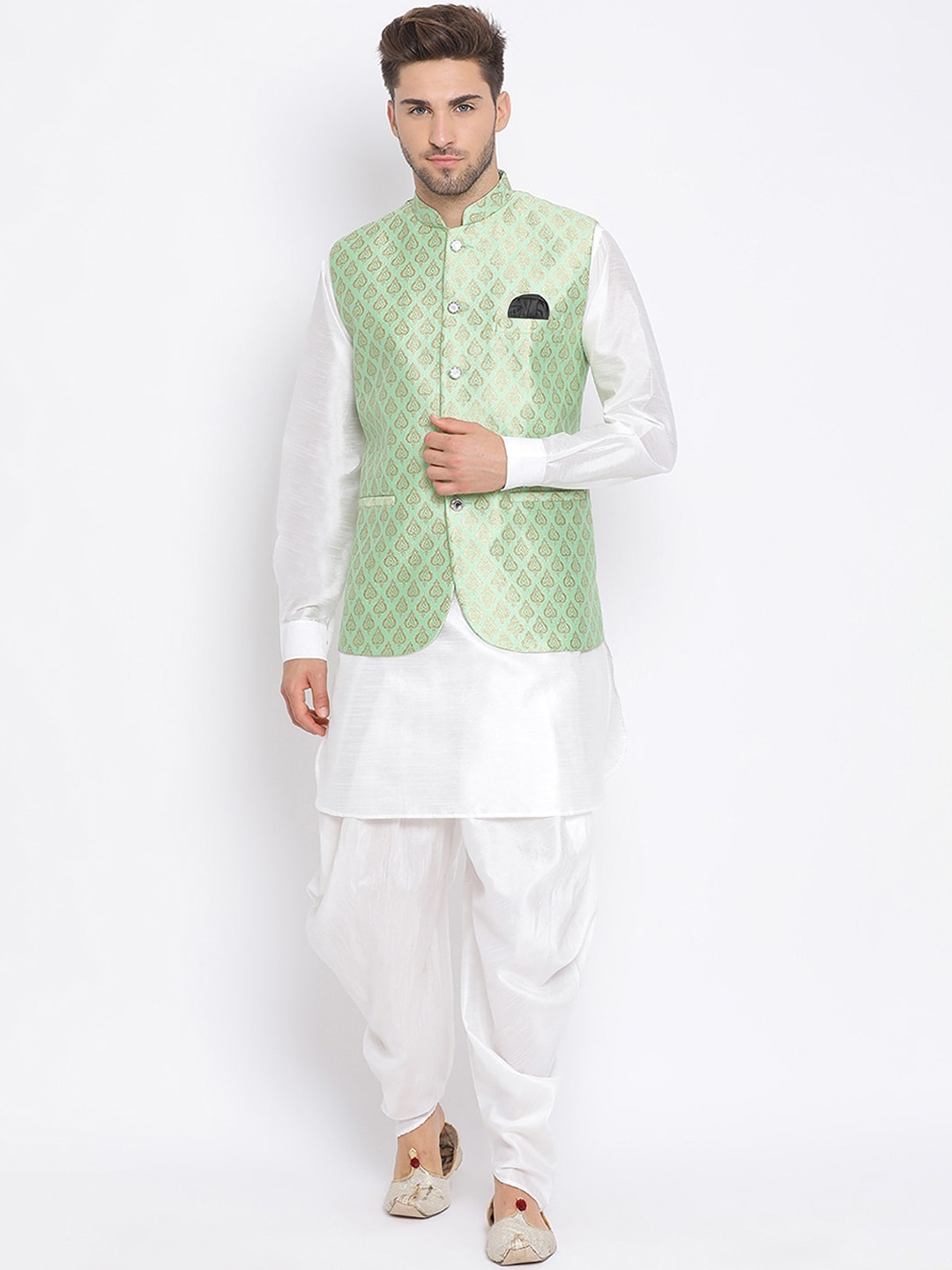 

Hangup Men White Solid Kurta Set with Waistcoat