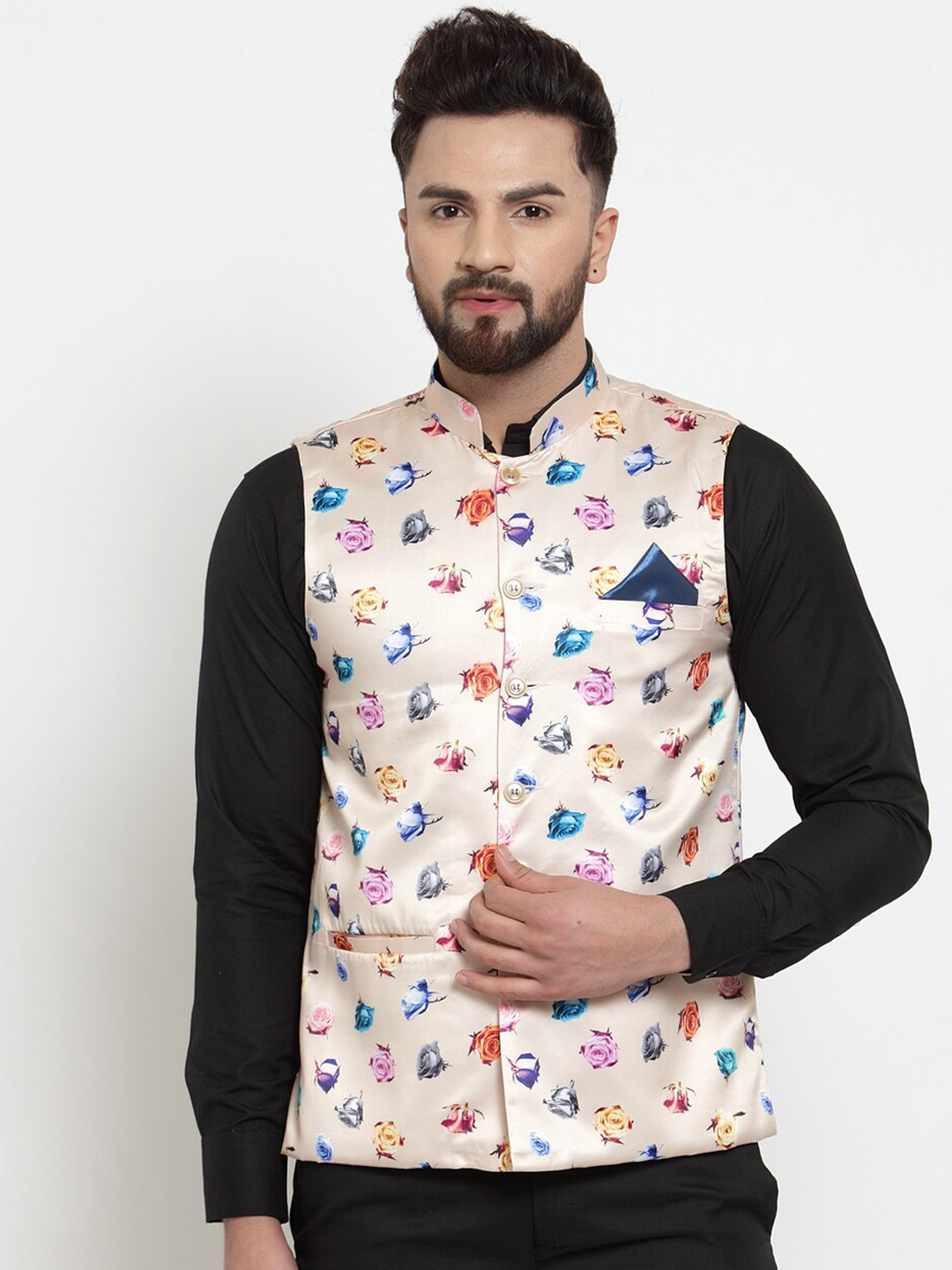 

Klotthe Men Beige Printed PolyRayon Nehru Jacket