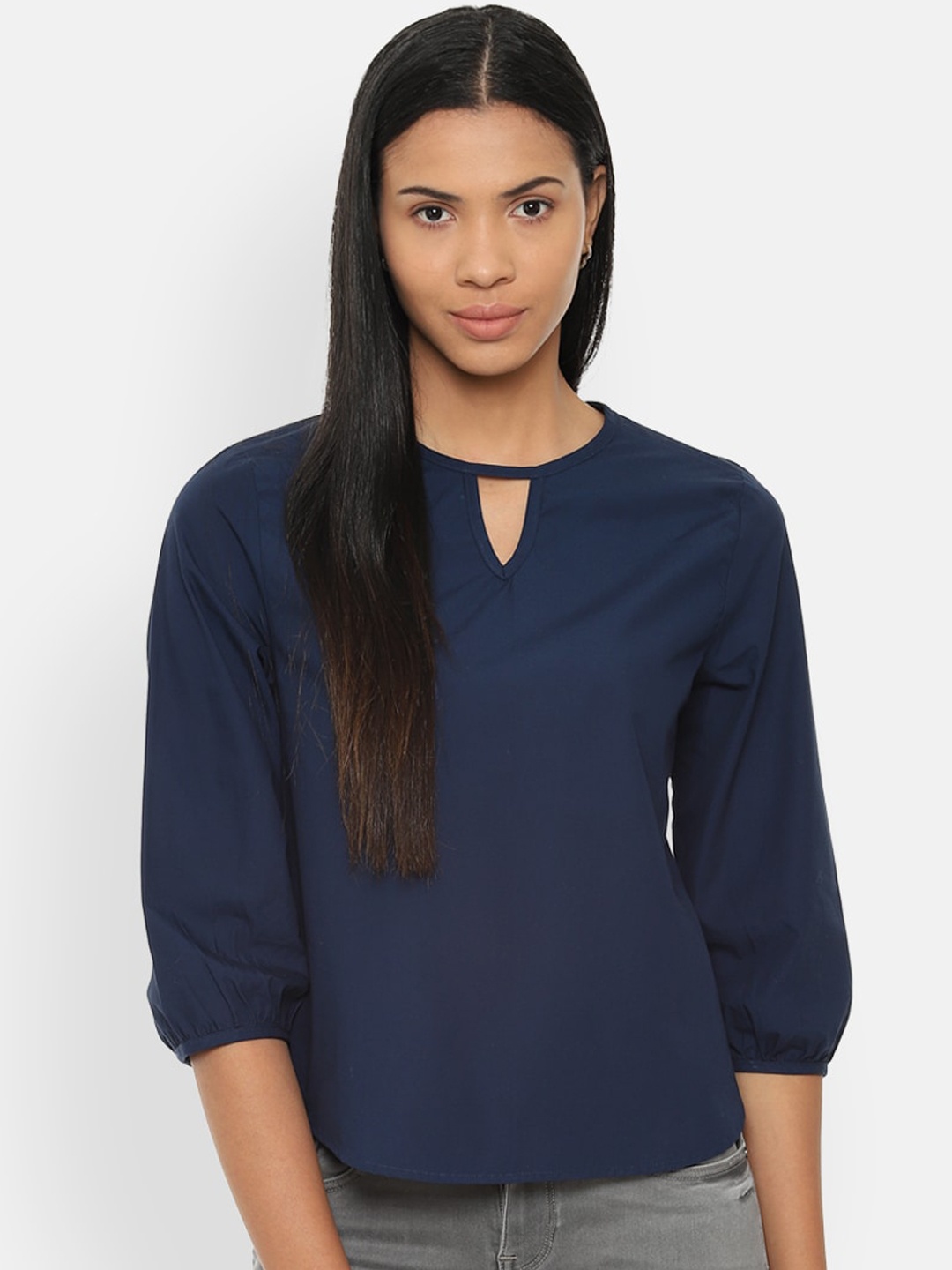 

Van Heusen Woman Navy Blue Solid Keyhole Neck Puff Sleeves Cotton Styled Back Top