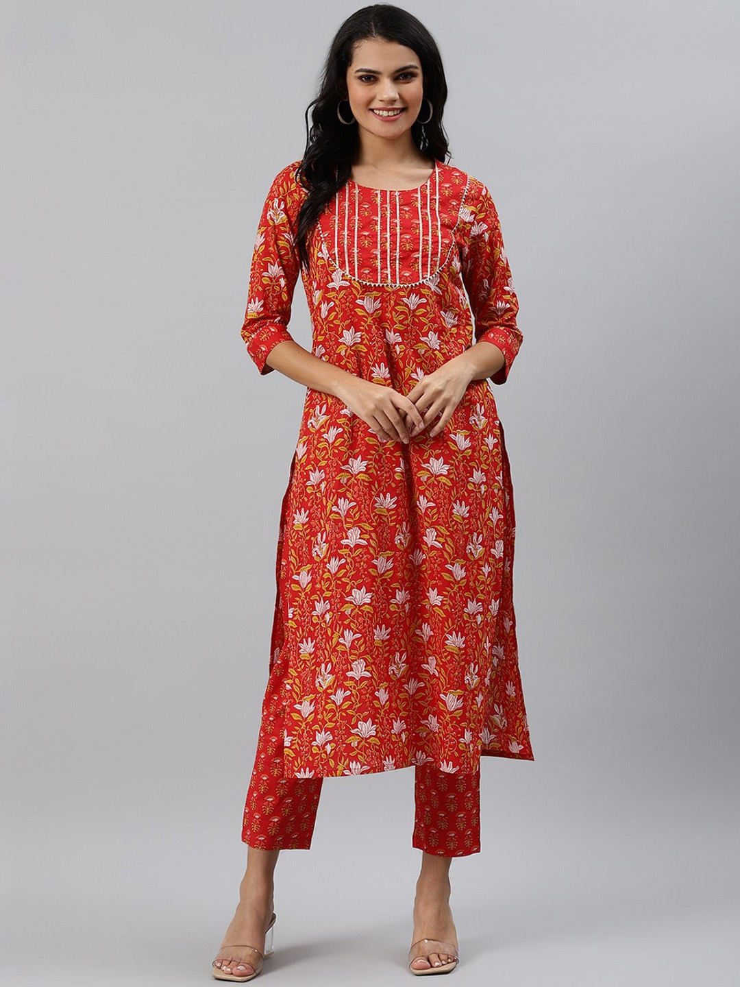 

Sringam Women Red Printed Kurta with Trousers