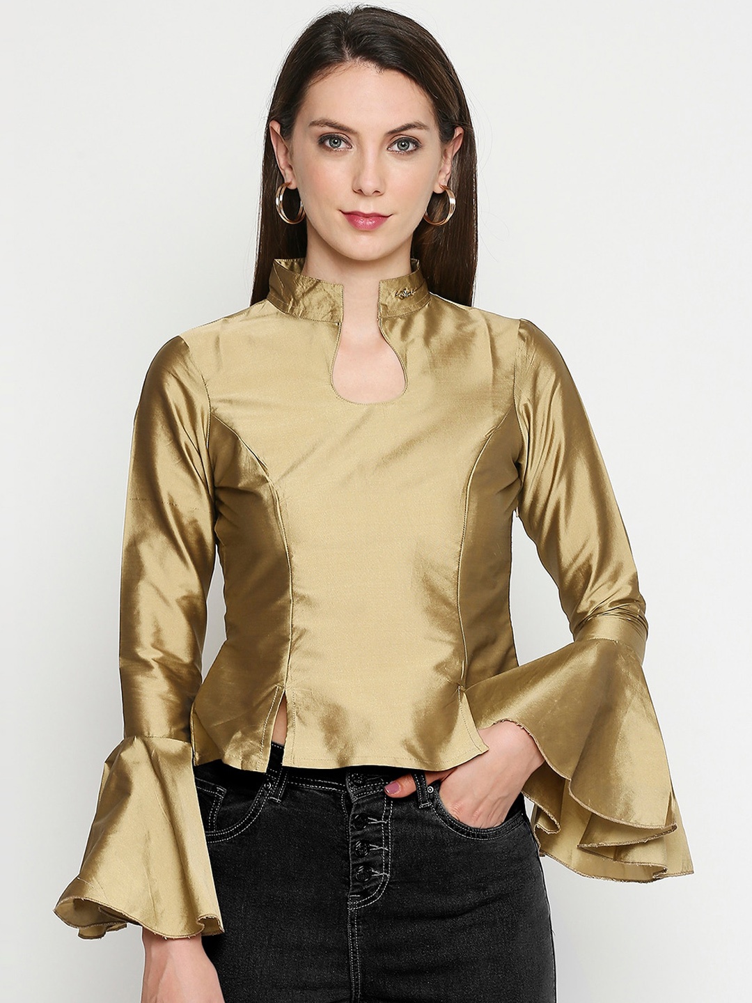 

Ira Soleil Gold-Toned Mandarin Collar Bell Sleeves Fitted Top