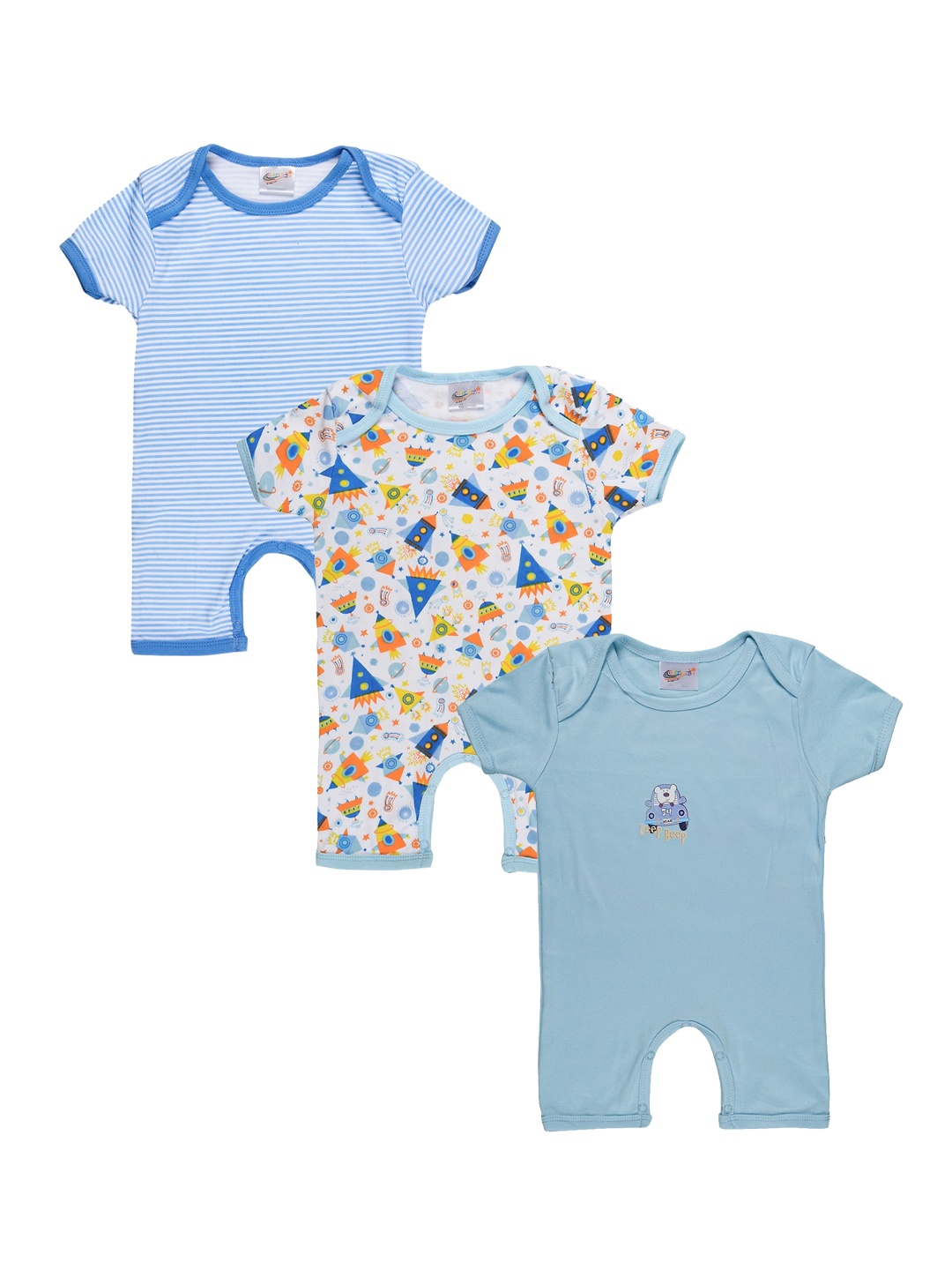 

STARTERS Pack Of 3 Infants Blue & White Printed 100% Cotton Rompers