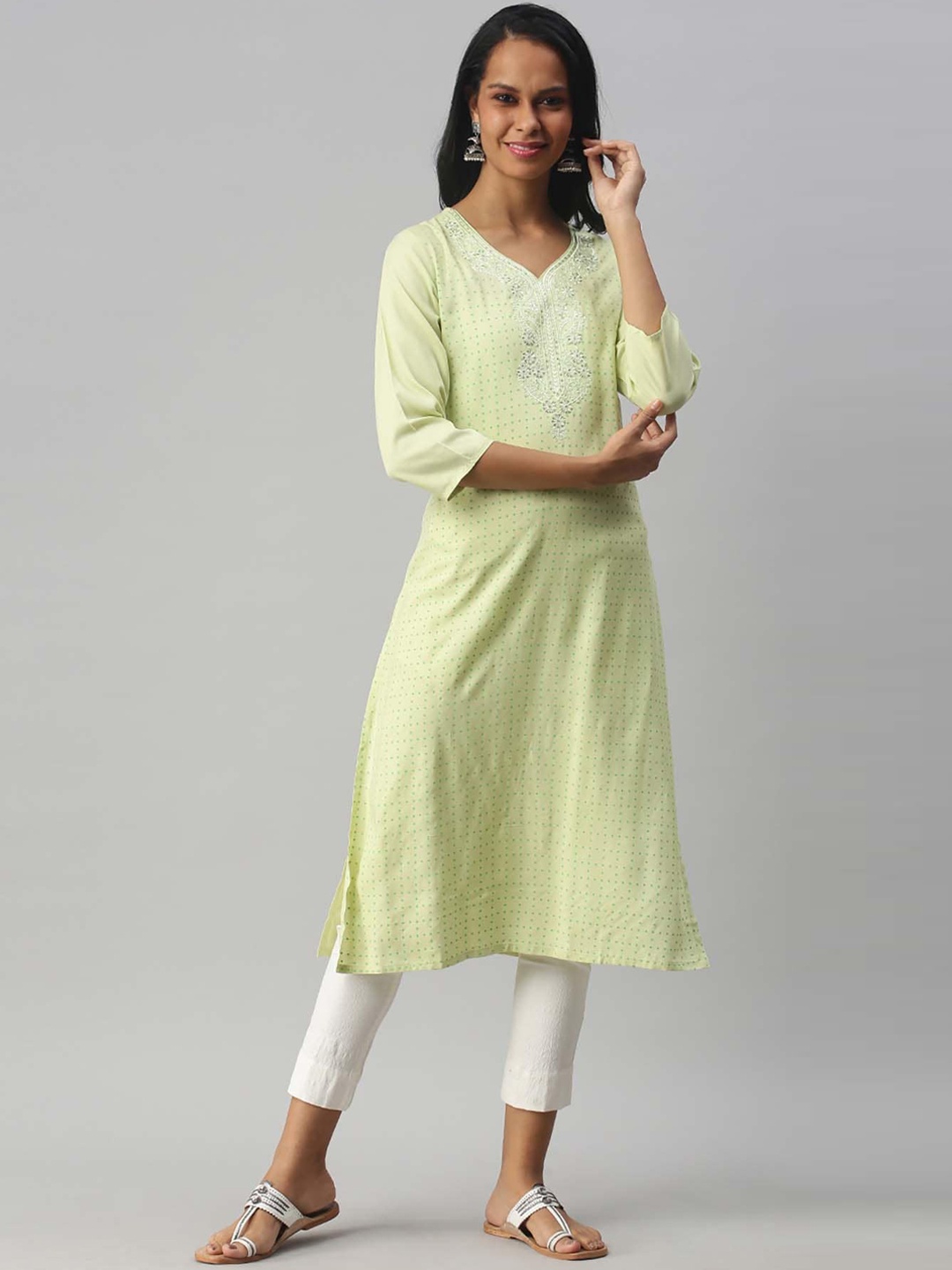 

Soch Women Lime Green & White Geometric Yoke Design Thread Work Pastels Kurta