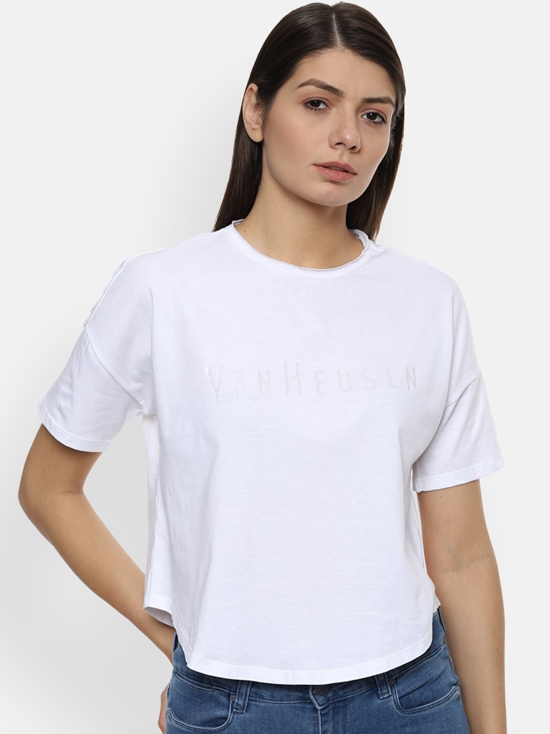 

Van Heusen Woman White Brand Logo Print Round Neck Cotton T-shirt