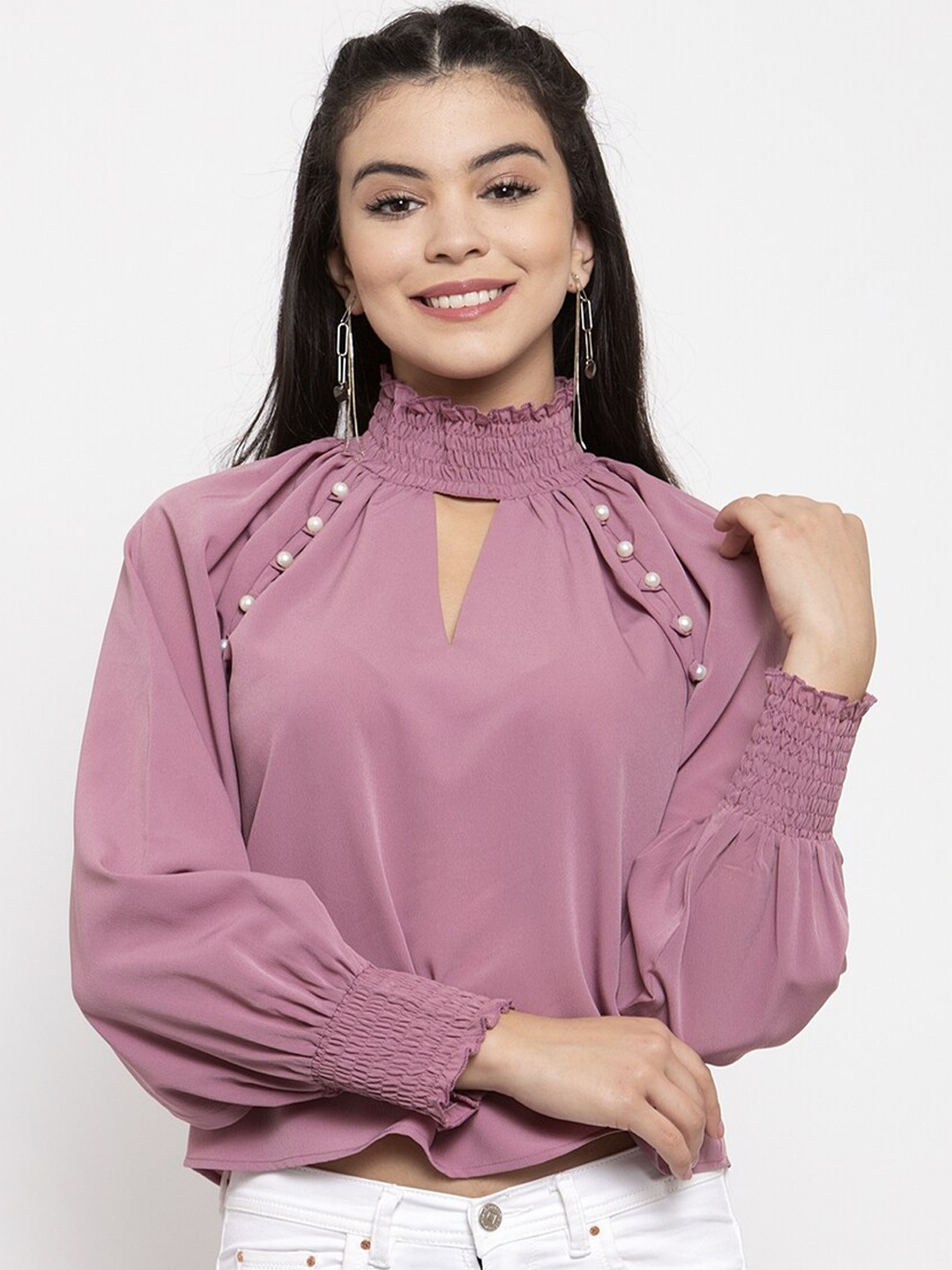 

KASSUALLY Mauve Keyhole Neck Crepe Regular Top