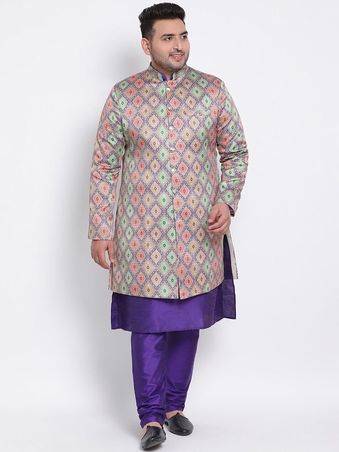 

Hangup Men Plus Size Beige & Violet Printed Regular Fit Sherwani