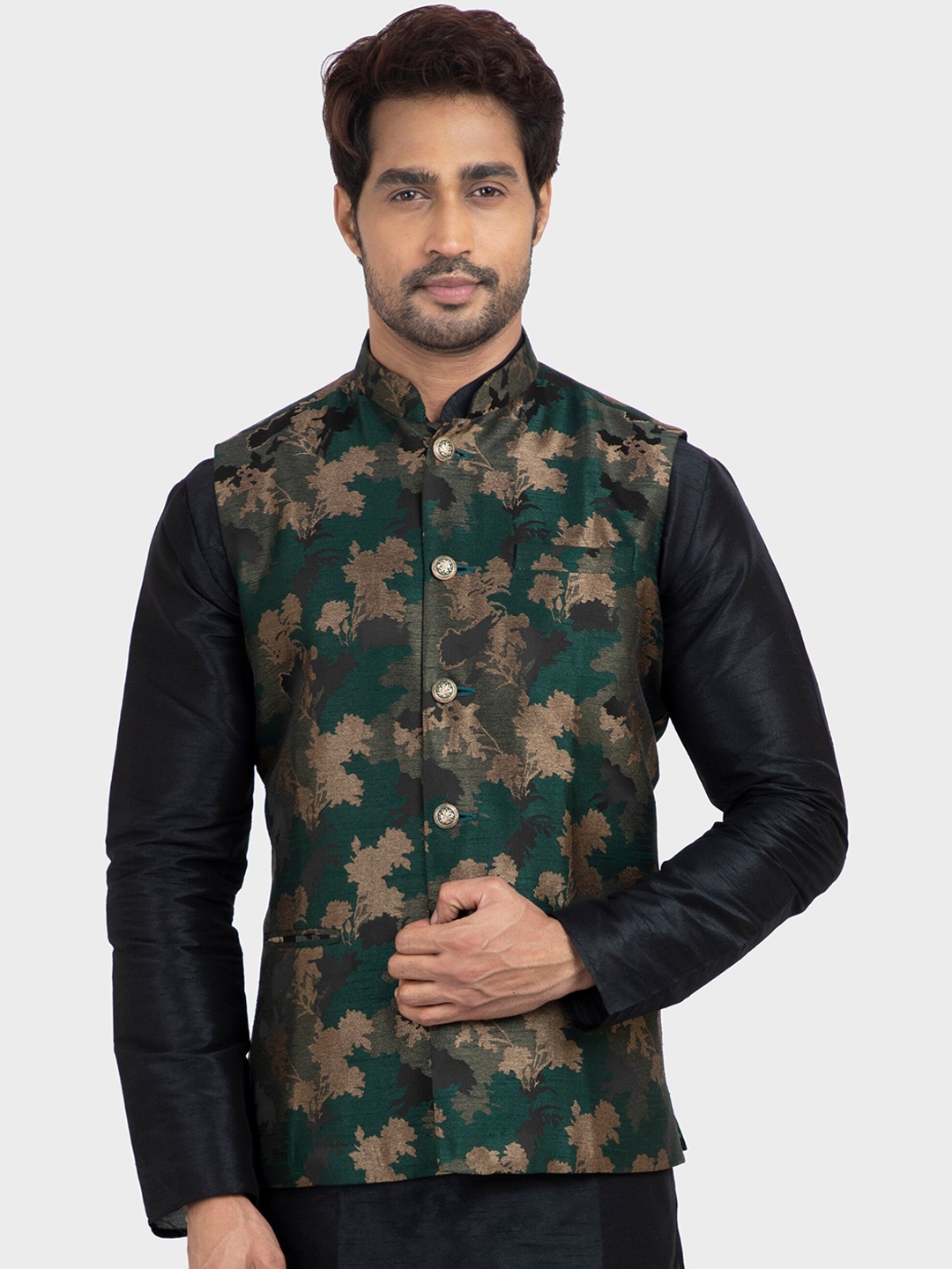

N Dot Men Green & Brown Printed Woven Nehru Jacket
