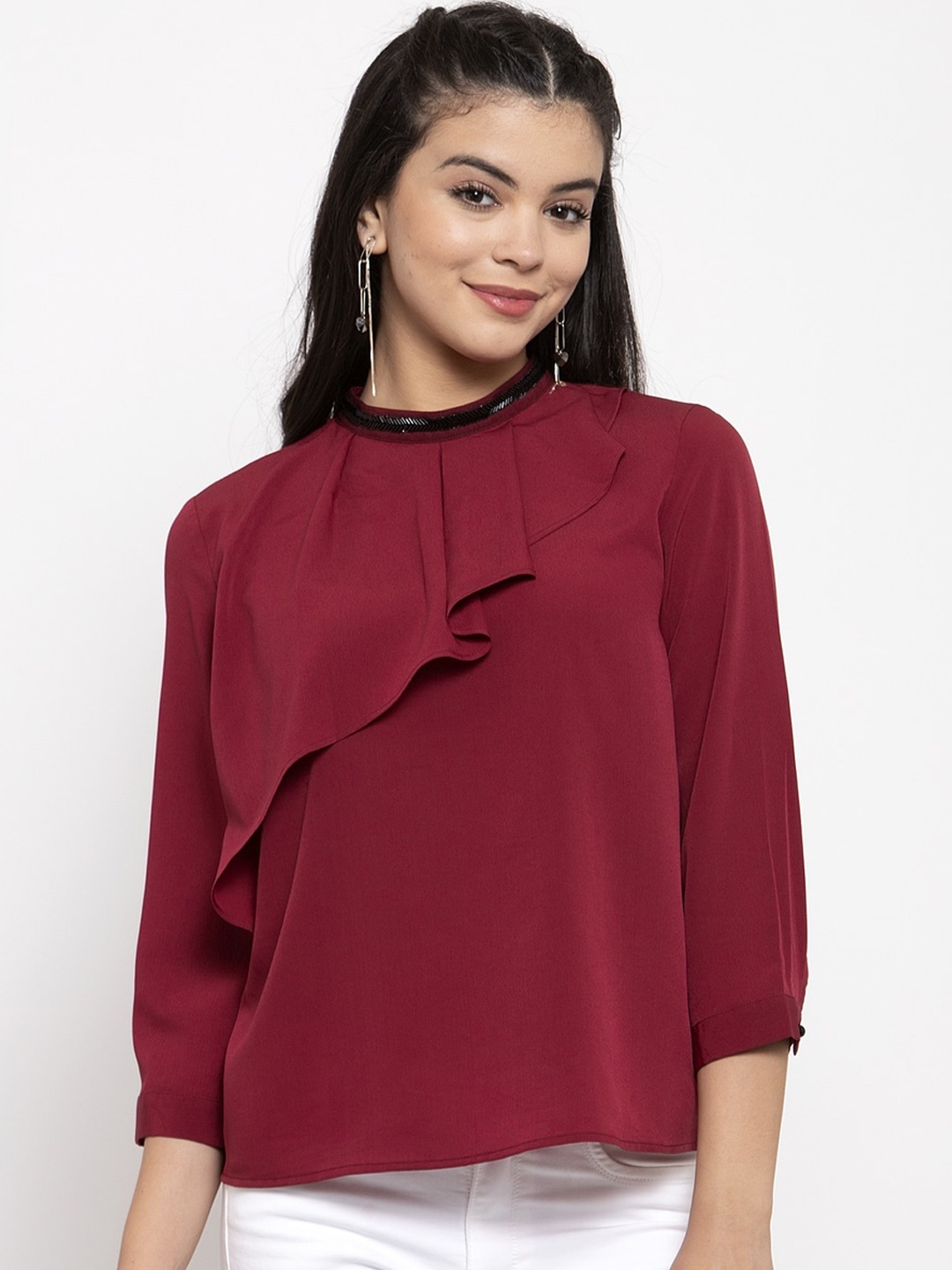 

KASSUALLY Maroon Crepe Layered Regular Top