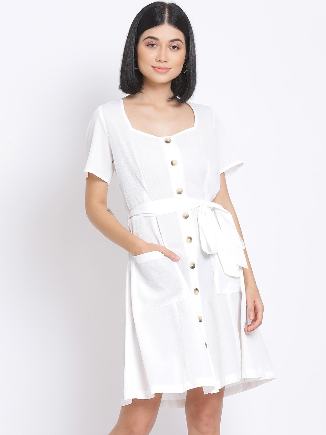 

Oxolloxo Women White Solid Fit and Flare Dress