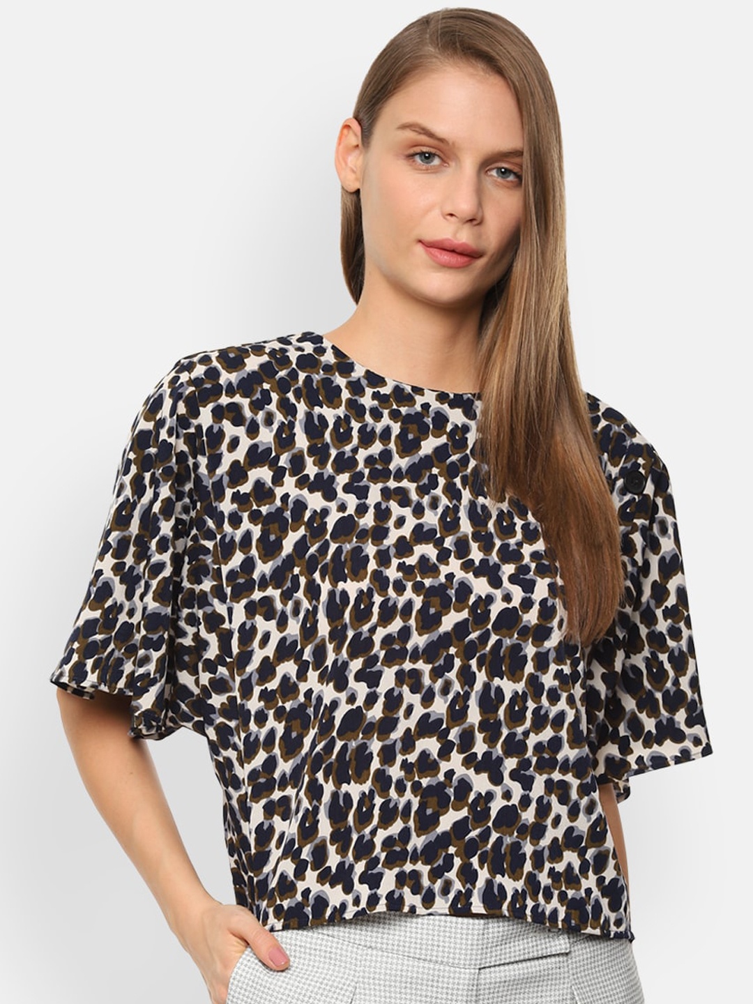 

Van Heusen Woman Beige & Coffee Brown Animal Printed Flared Sleeves Regular Top