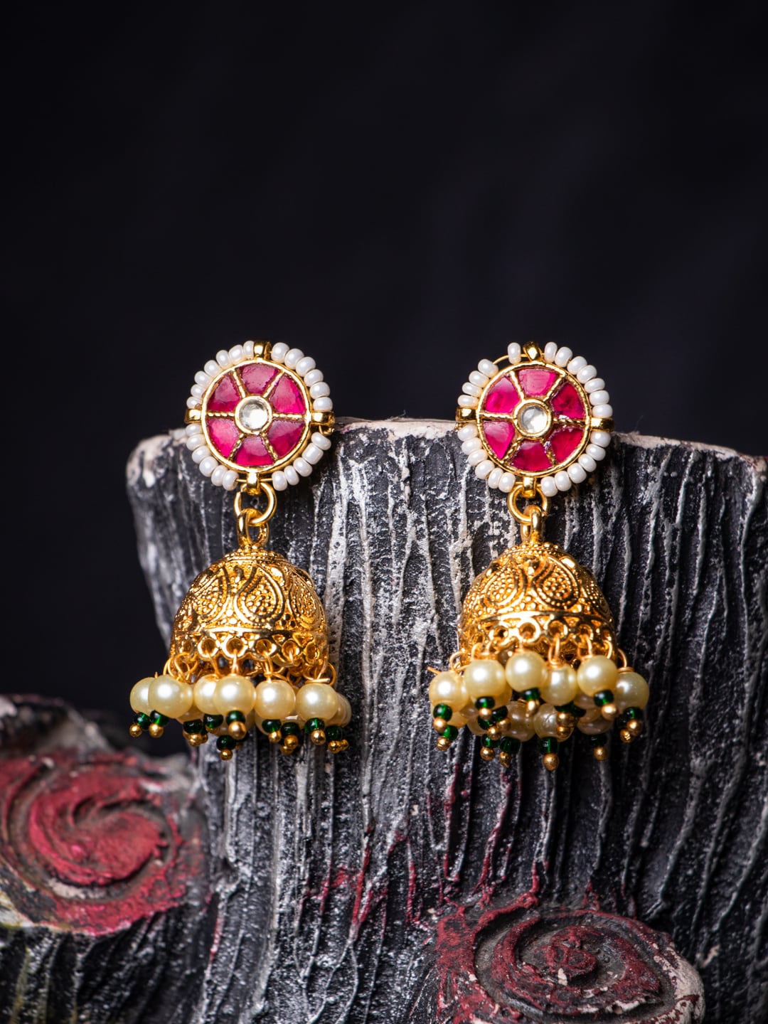 

MORKANTH JEWELLERY Pink & 24K Gold-Plated Dome Shaped Jhumkas