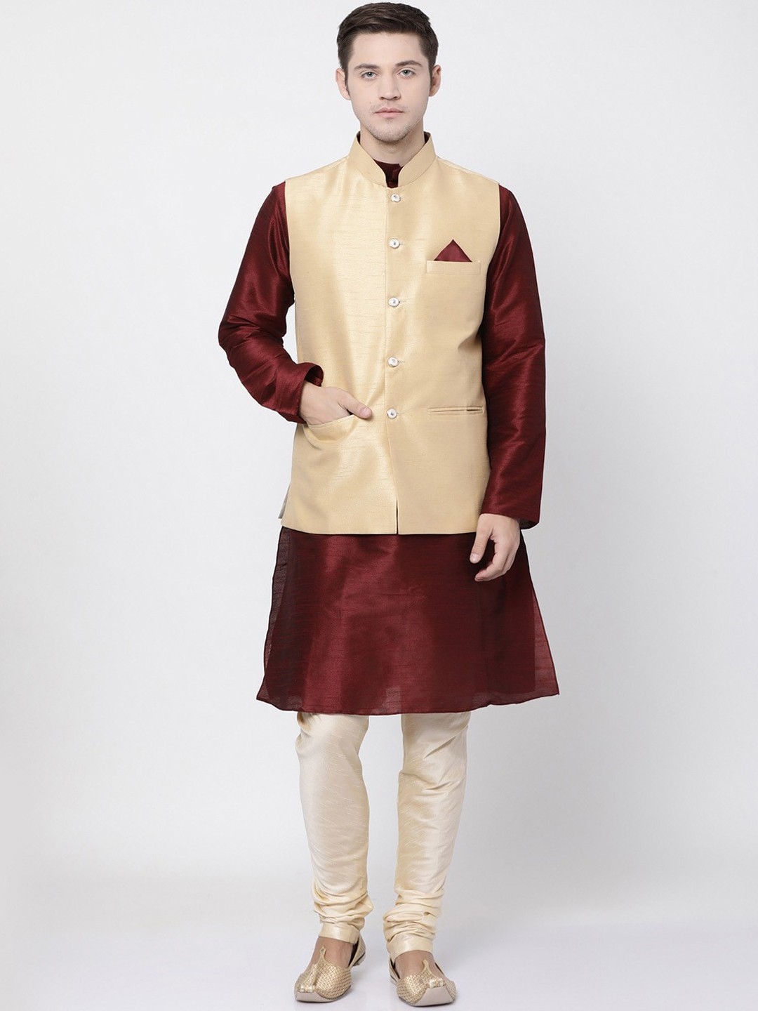 

TABARD Men Maroon Dupion Silk Kurta with Churidar & Nehru Jacket