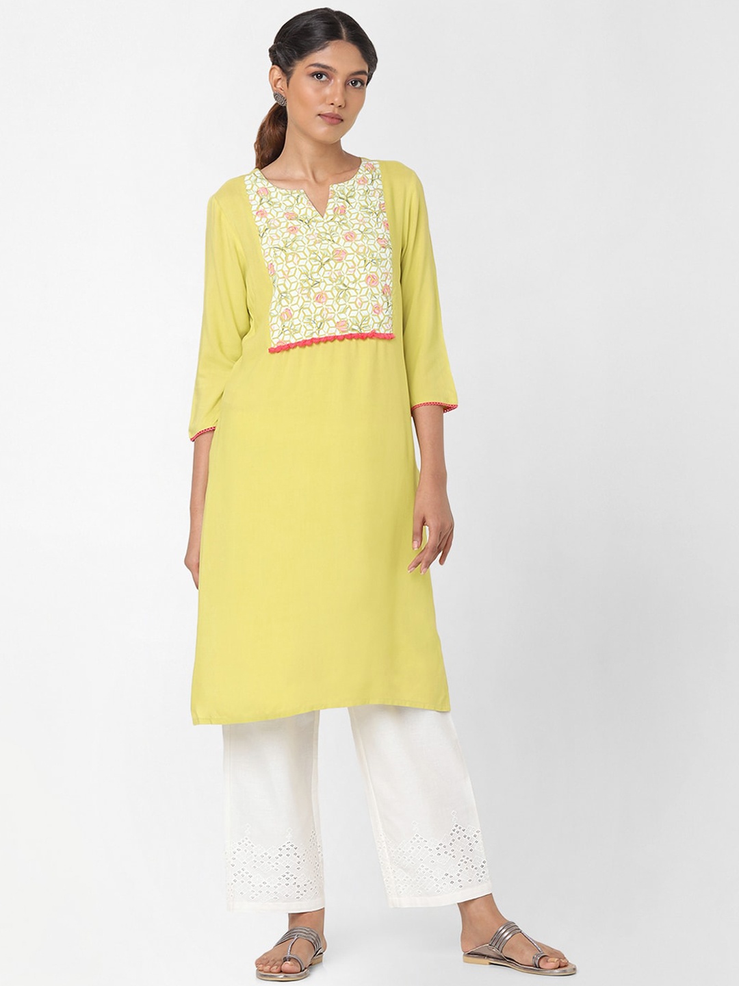 

Naari Women Lime Green Ethnic Motifs Yoke Design Thread Work Kurta