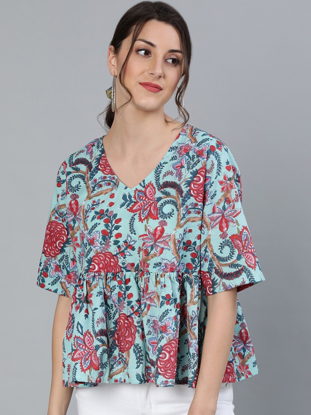 

Nayo Green & Red Printed Pure Cotton A-Line Top
