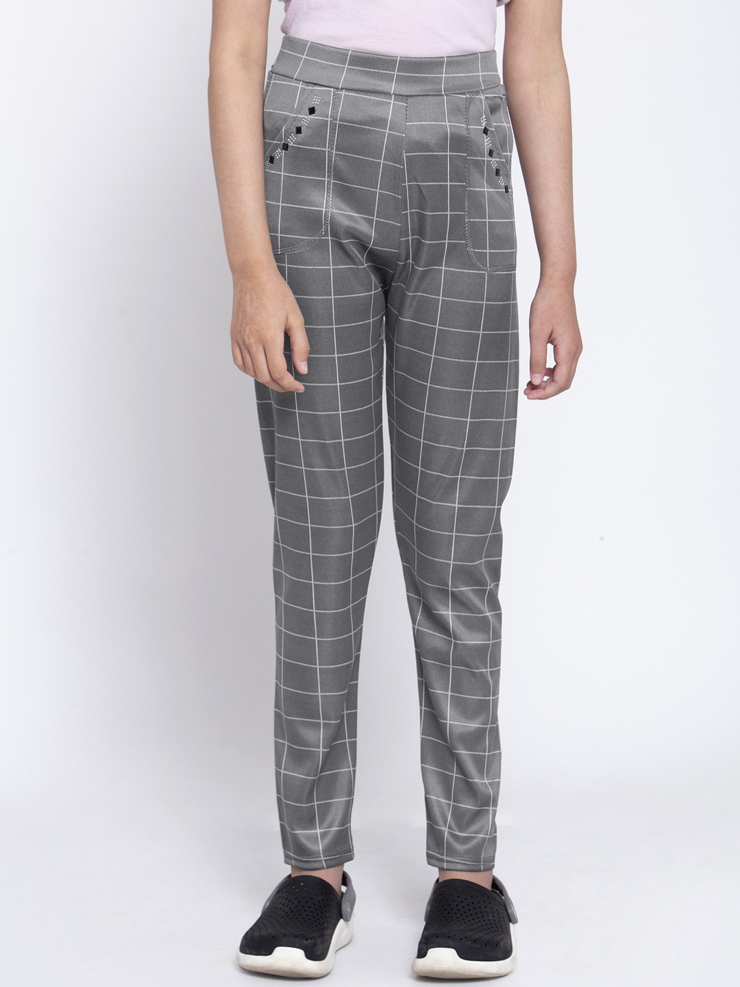KLOTTHE Girls Grey & White Checked Slim-Fit Ankle-Length Treggings