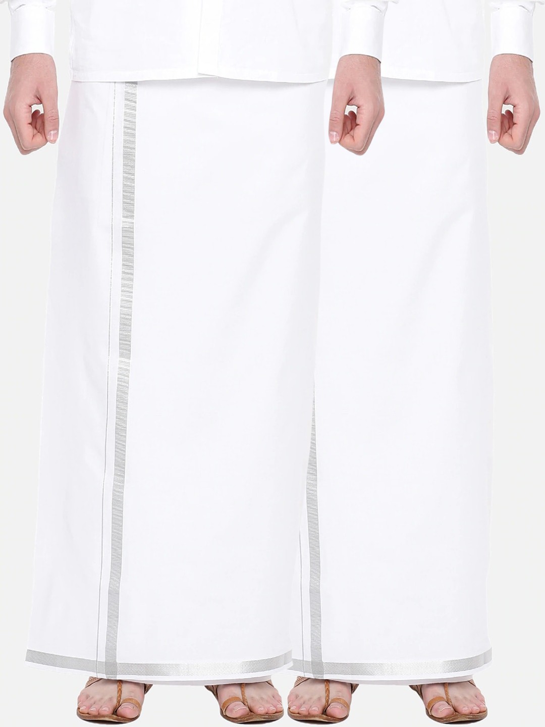 

Ramraj Men Pack of 2 Pure Cotton Single Layer White Dhoti with Silver Zari Border