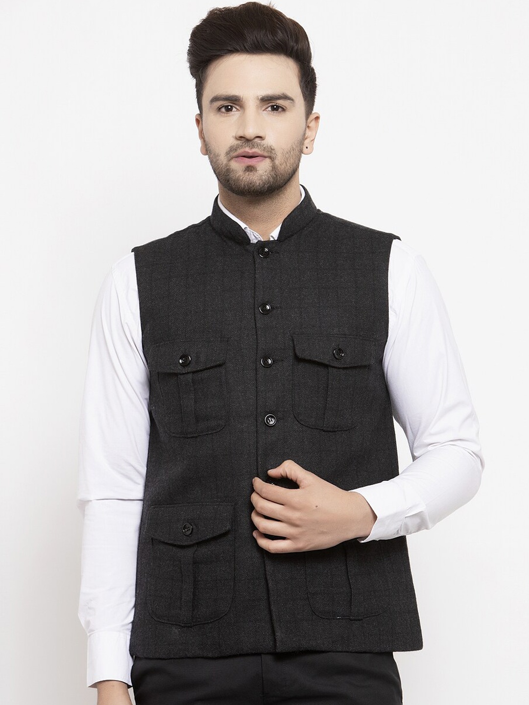 

KLOTTHE Men Black Solid Cotton Blend Nehru Jacket