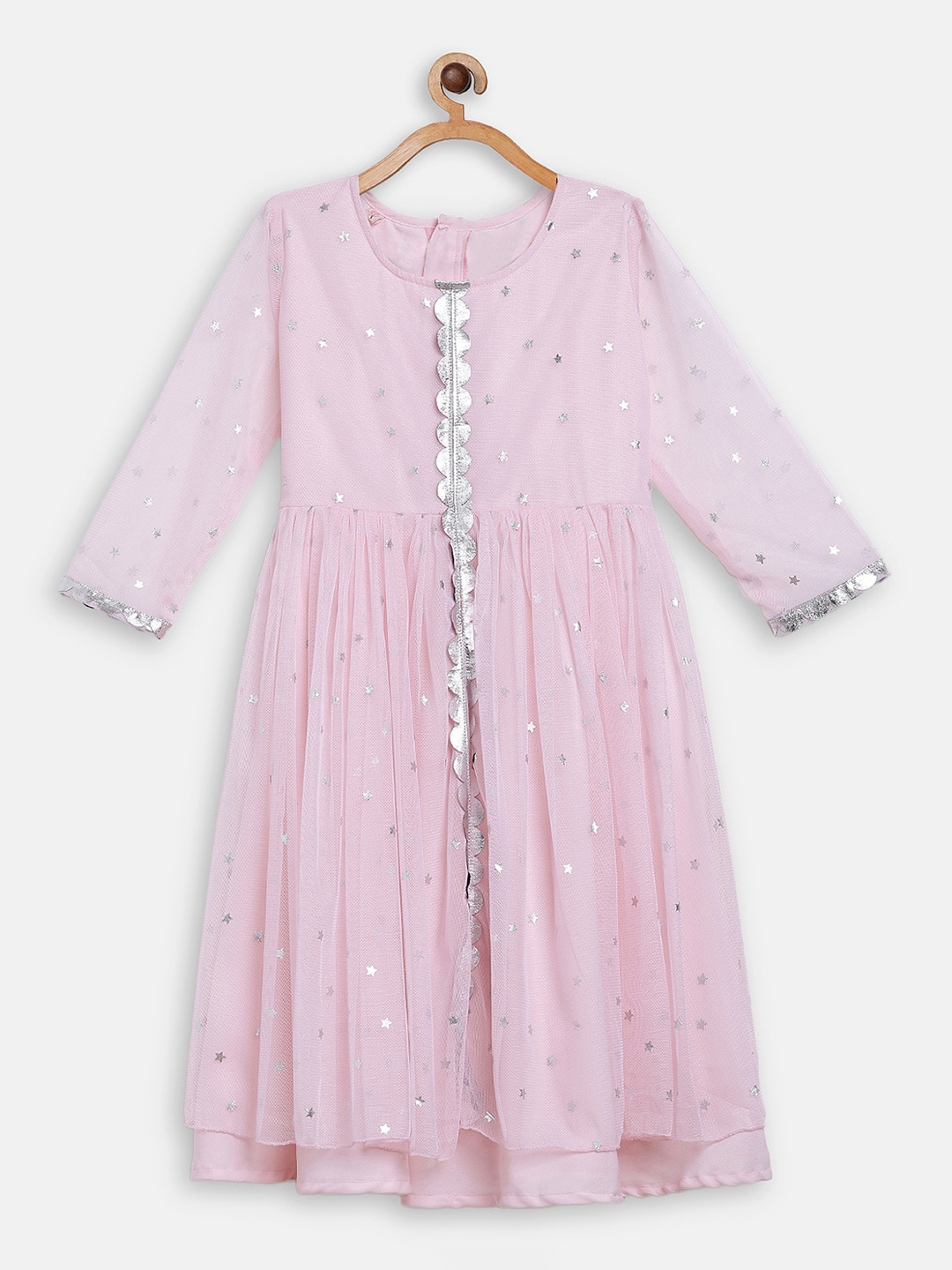 

Ahalyaa Girls Pink & Silver Printed Net Layered Maxi Dress