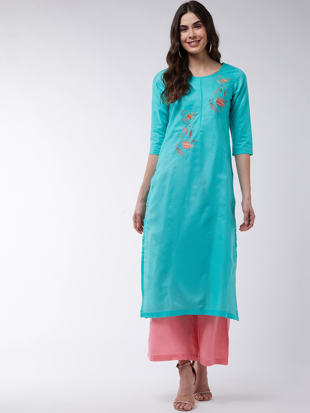 

Pannkh Women Blue & Pink Solid Kurta with Trousers