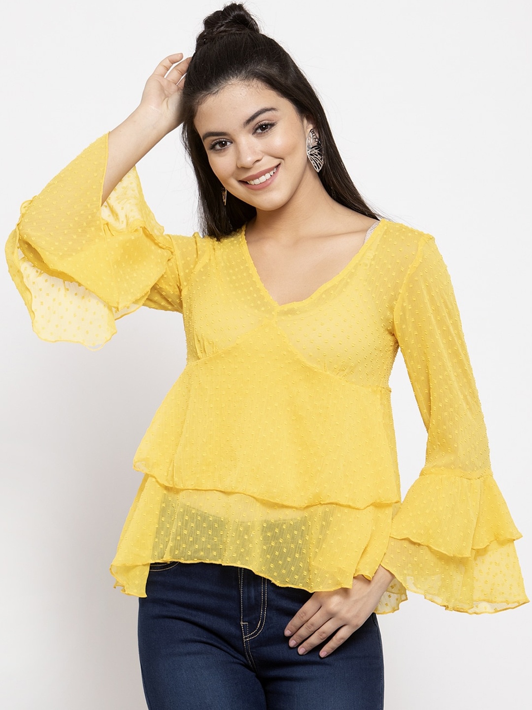 

KASSUALLY Yellow Self Design Flared Sleeves Empire Top