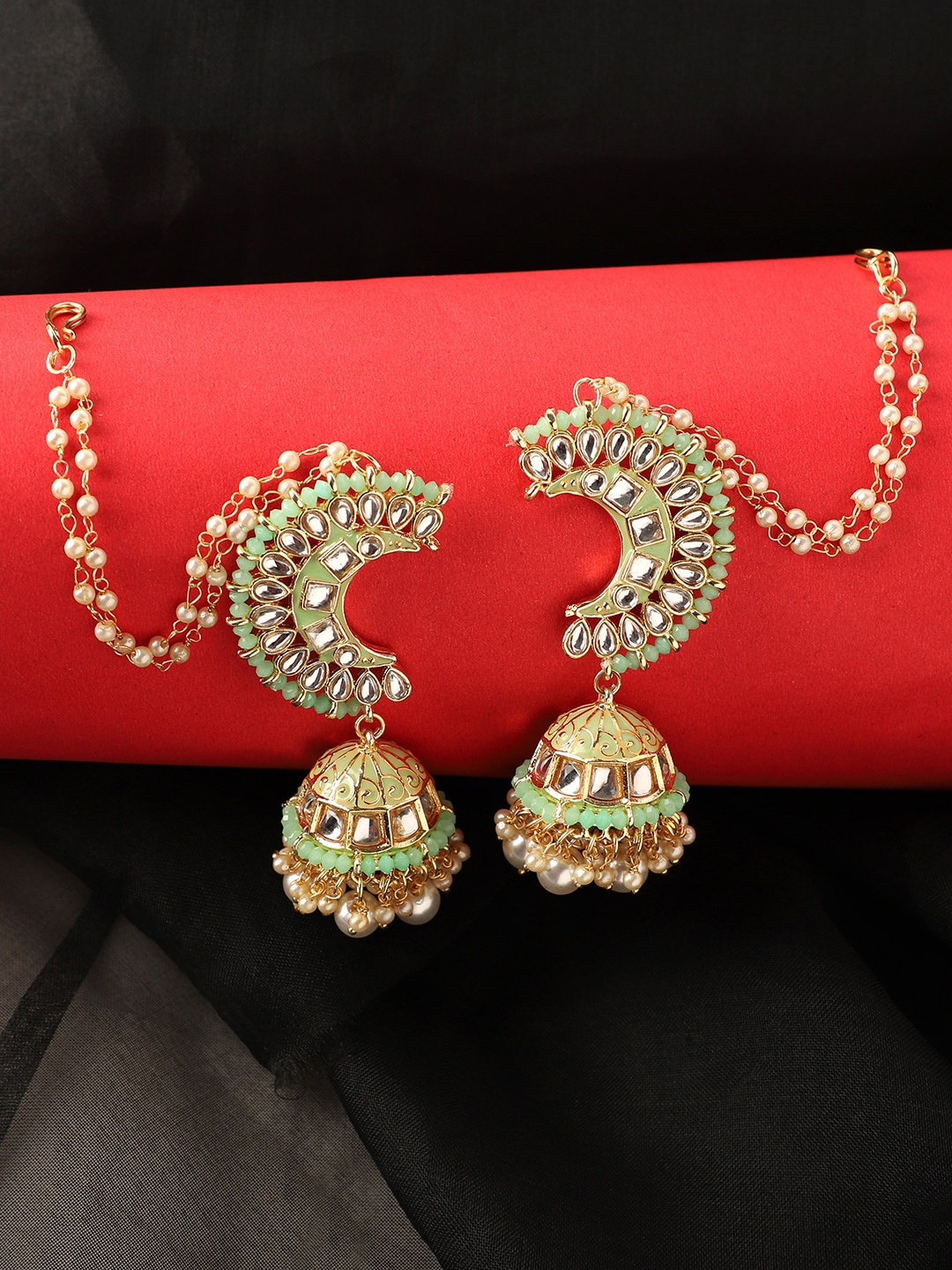 

ANIKAS CREATION Sea Green & Golden Kundan & Pearl Jadau Dome Shaped Jhumkas