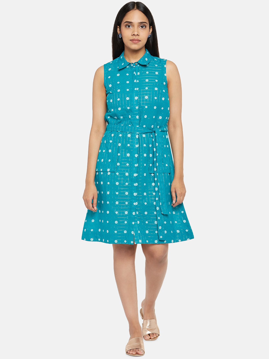 

AKKRITI BY PANTALOONS Women Blue Printed Shirt Dress with Belt