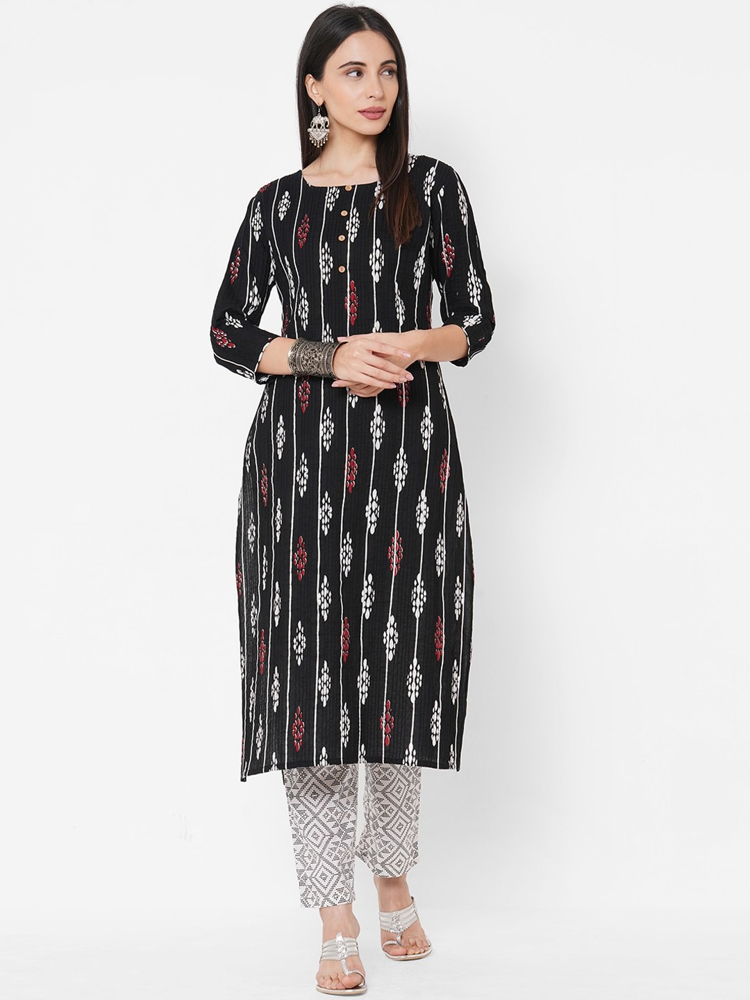 

FASHOR Women Black Printed Panelled Pure Cotton Kurta with Trousers
