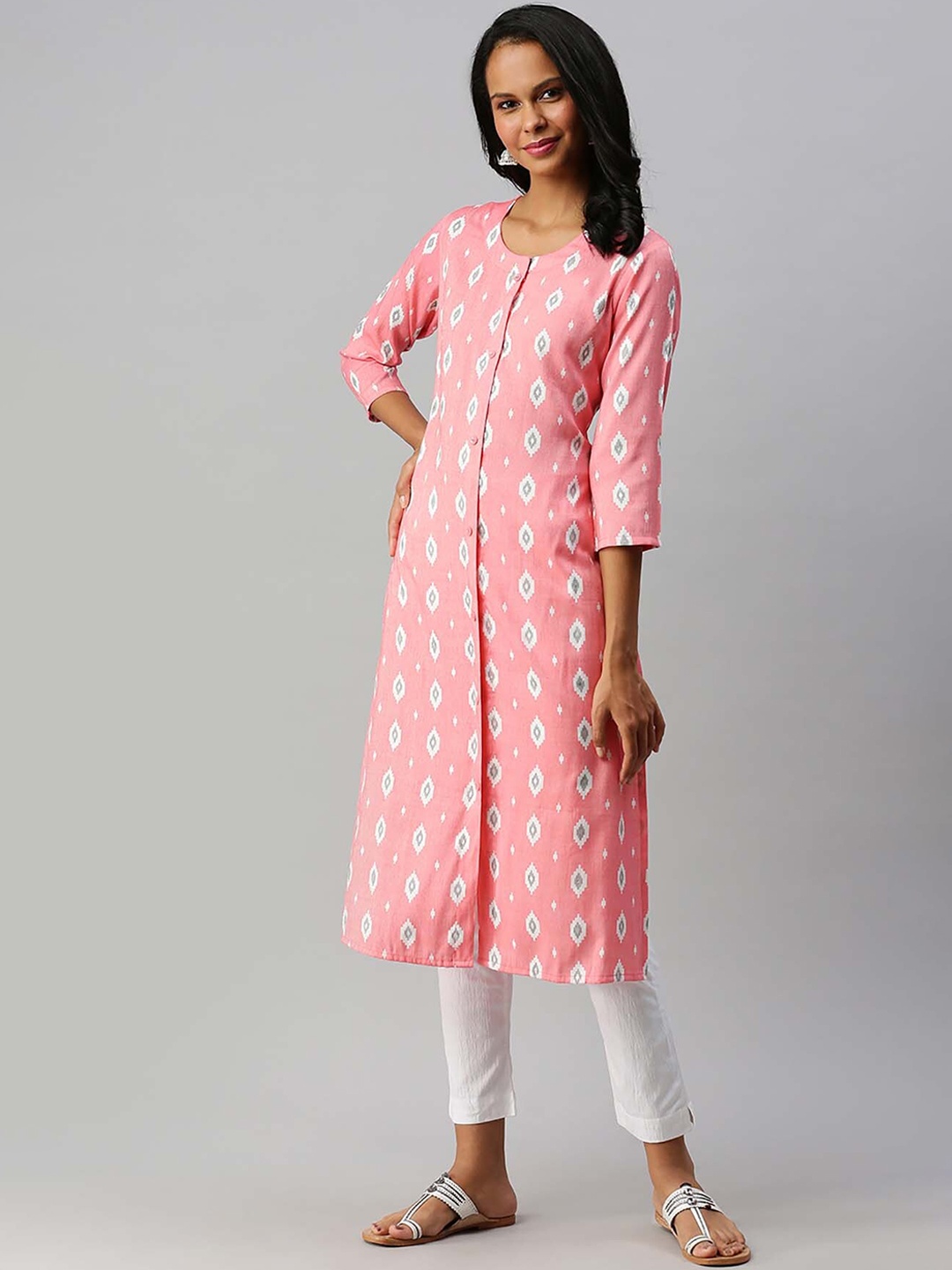 

Soch Women Pink & White Geometric Print Straight Kurta