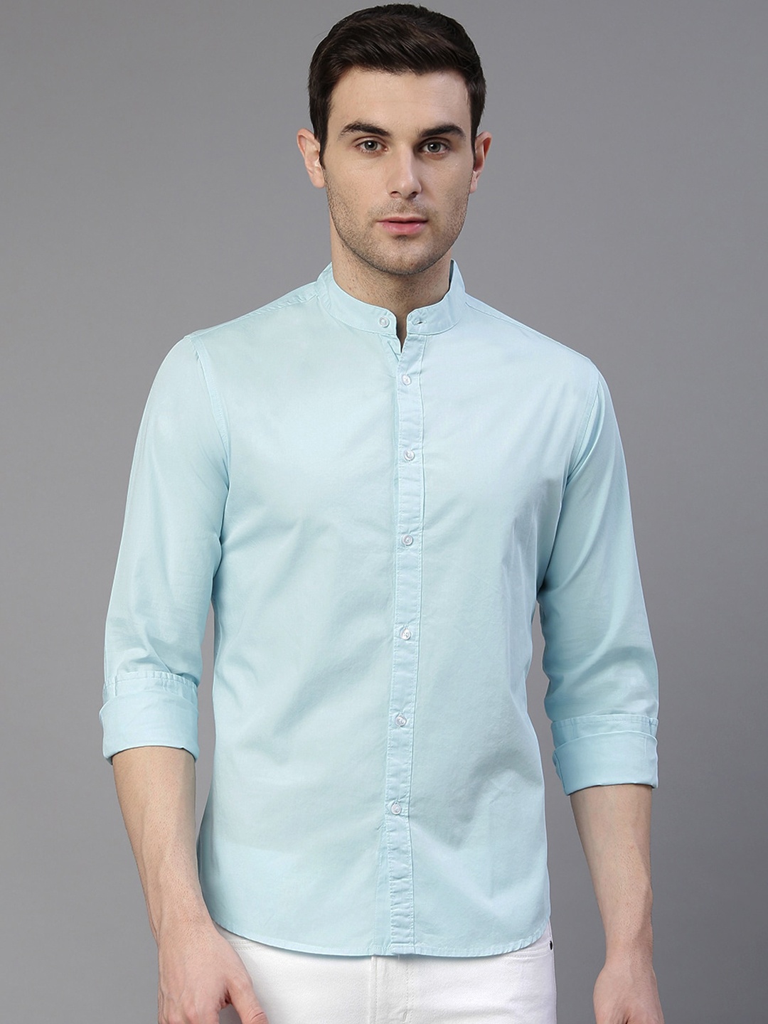 

Dennis Lingo Men Turquoise Blue Comfort Slim Fit Solid Pure Cotton Casual Shirt