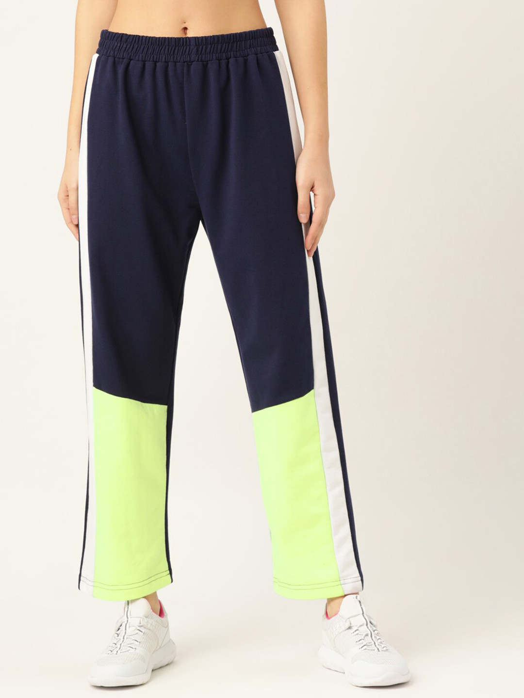 

Laabha Women Navy Blue & Lime green Colourblocked Staight Fit Track Pants