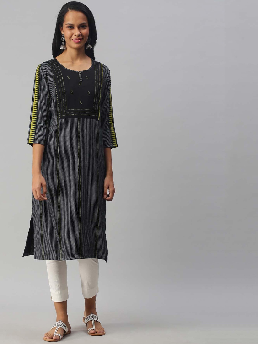 Soch Women Black & White Striped & Yoke Design Straight Kurta