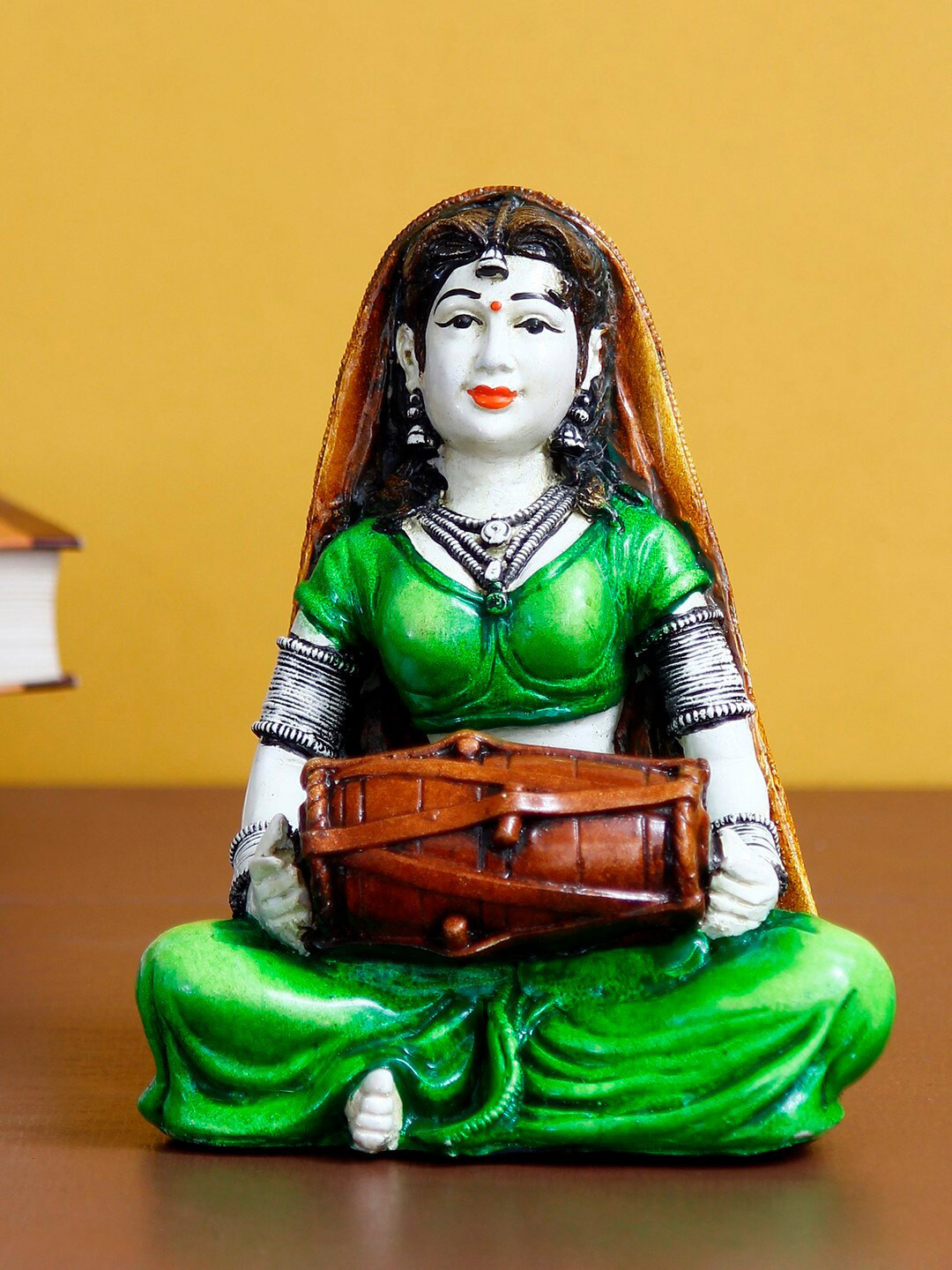 

eCraftIndia Green & White Rajasthani Lady Playing Dholak Handcrafted Polyresin Showpiece