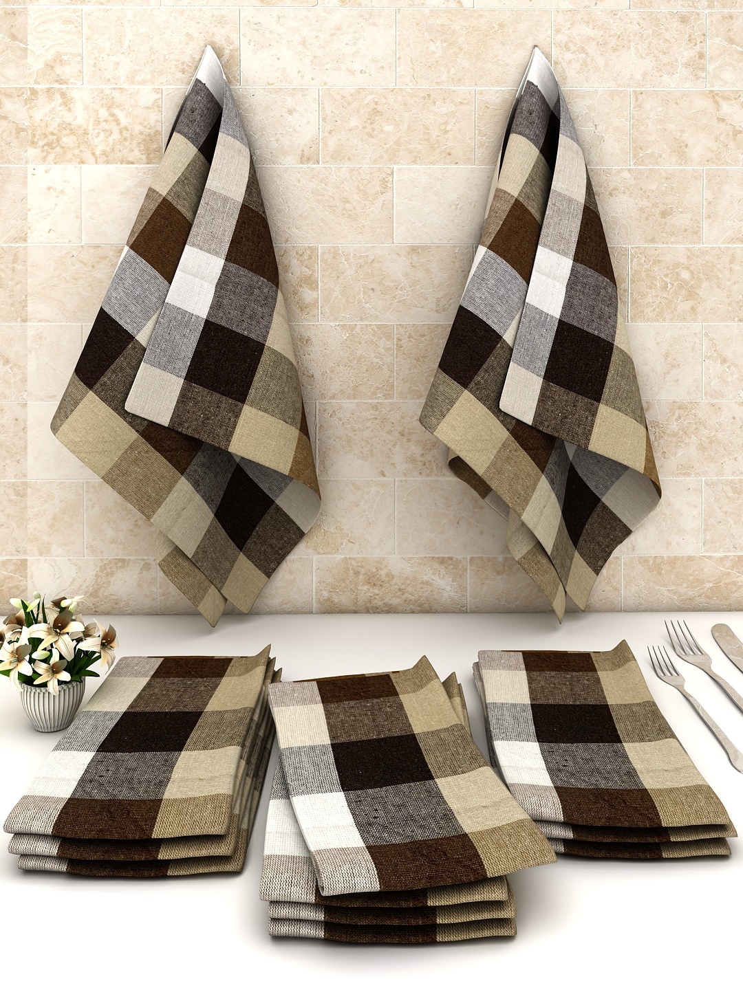 

Athom Trendz Pack Of 12 Multi-colored Checked Cotton Cleaning Cloth, Brown