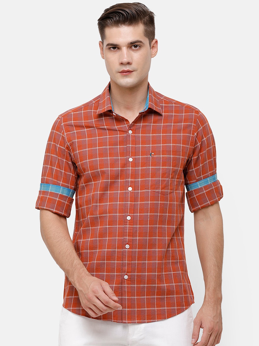 

CAVALLO by Linen Club Men Rust Red & White Regular Fit Checked Casual Shirt