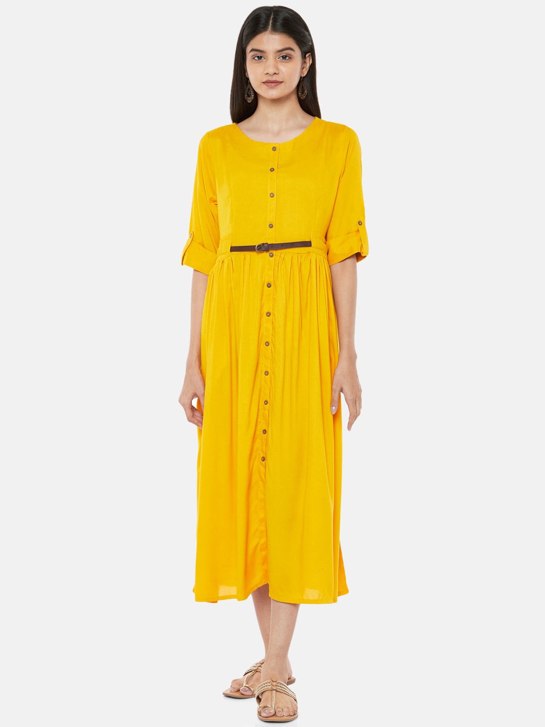 

AKKRITI BY PANTALOONS Women Mustard Yellow Solid A-Line Dress with Belt
