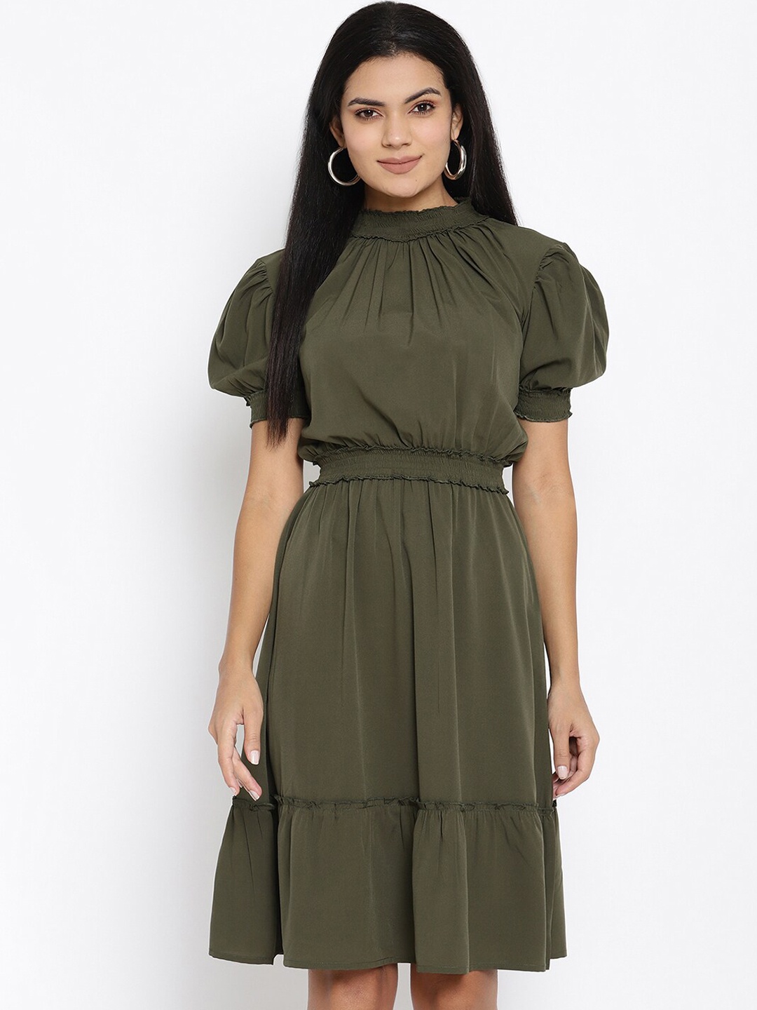 

THREAD MUSTER Women Olive Green Solid A-Line Dress