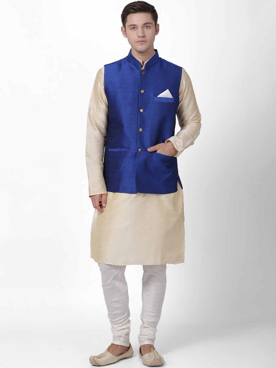 

TABARD Men White & Beige Solid Kurta with Churidar & Nehru Jacket