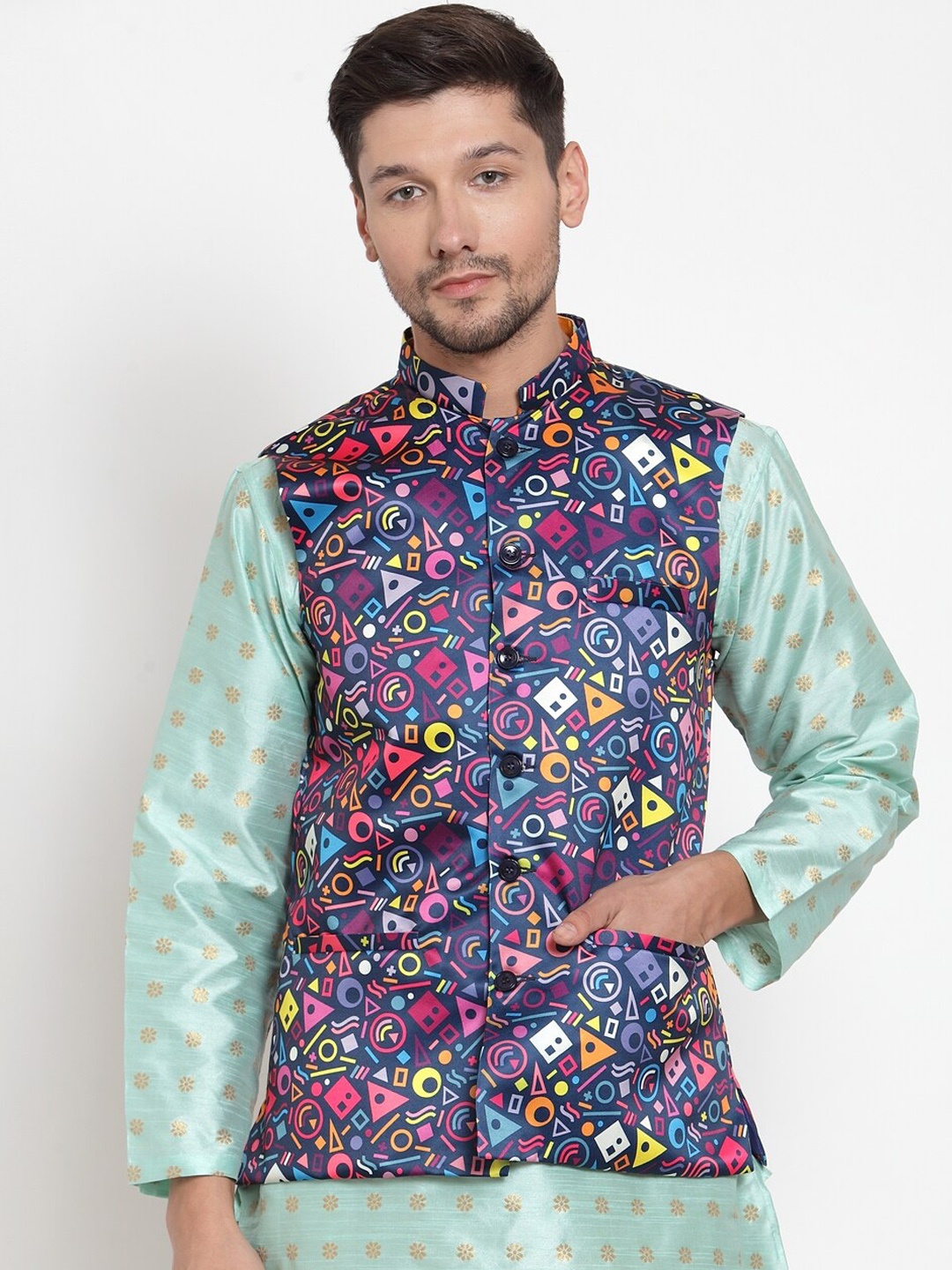 

KLOTTHE Men Navy Blue & Pink Printed PolyRayon Nehru Jacket
