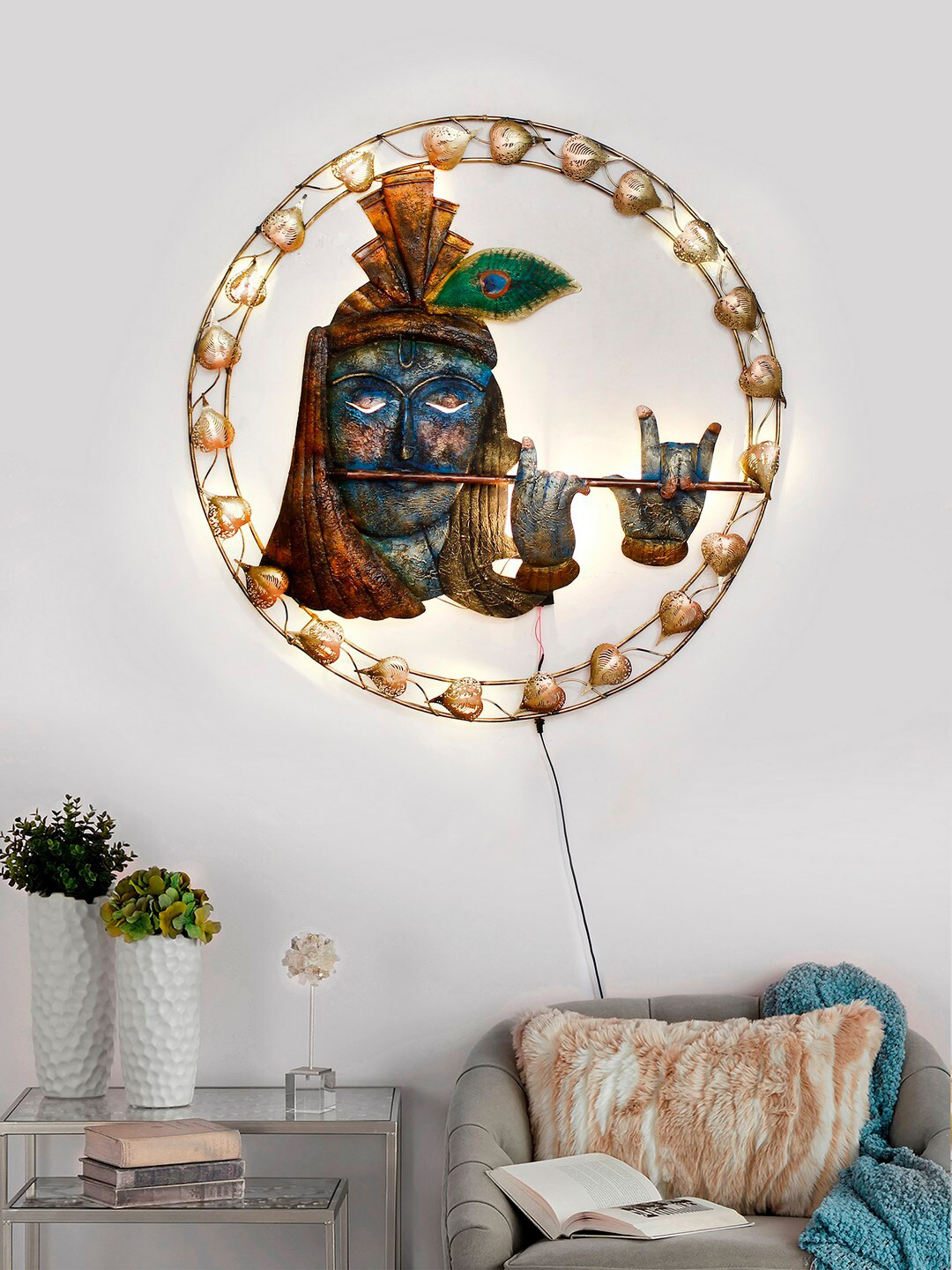 

eCraftIndia Blue & Green Lord Krishna Playing Flute Showpiece With Led