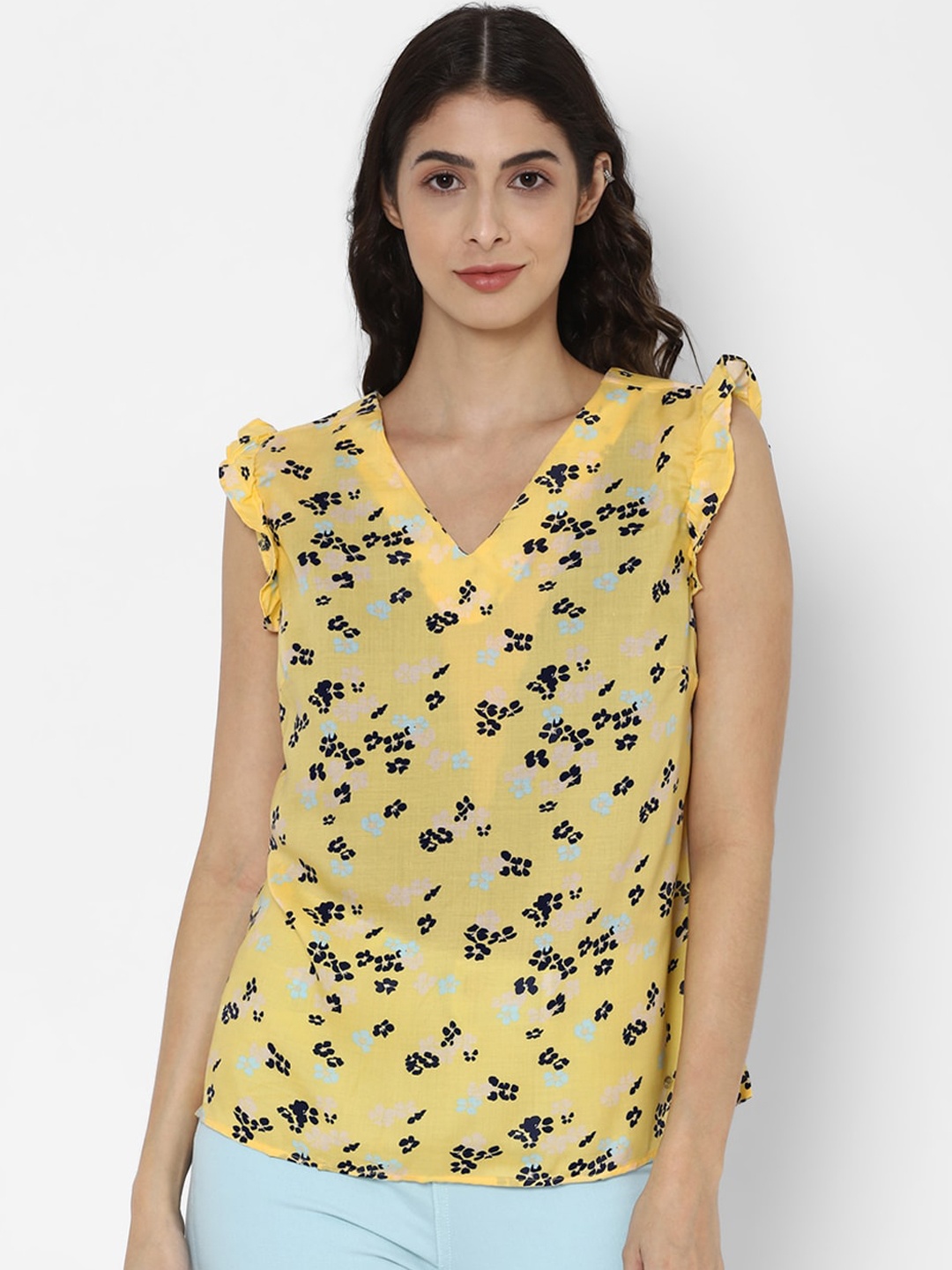 

Allen Solly Woman Yellow & Pink Floral Printed Flutter Sleeves Styled Back Top