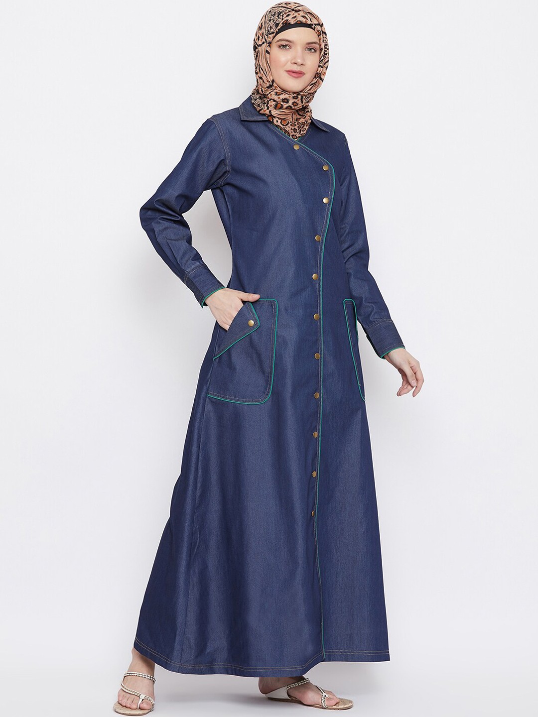 

MOMIN LIBAS Women Navy Blue Solid Denim Front open Abaya Burqa
