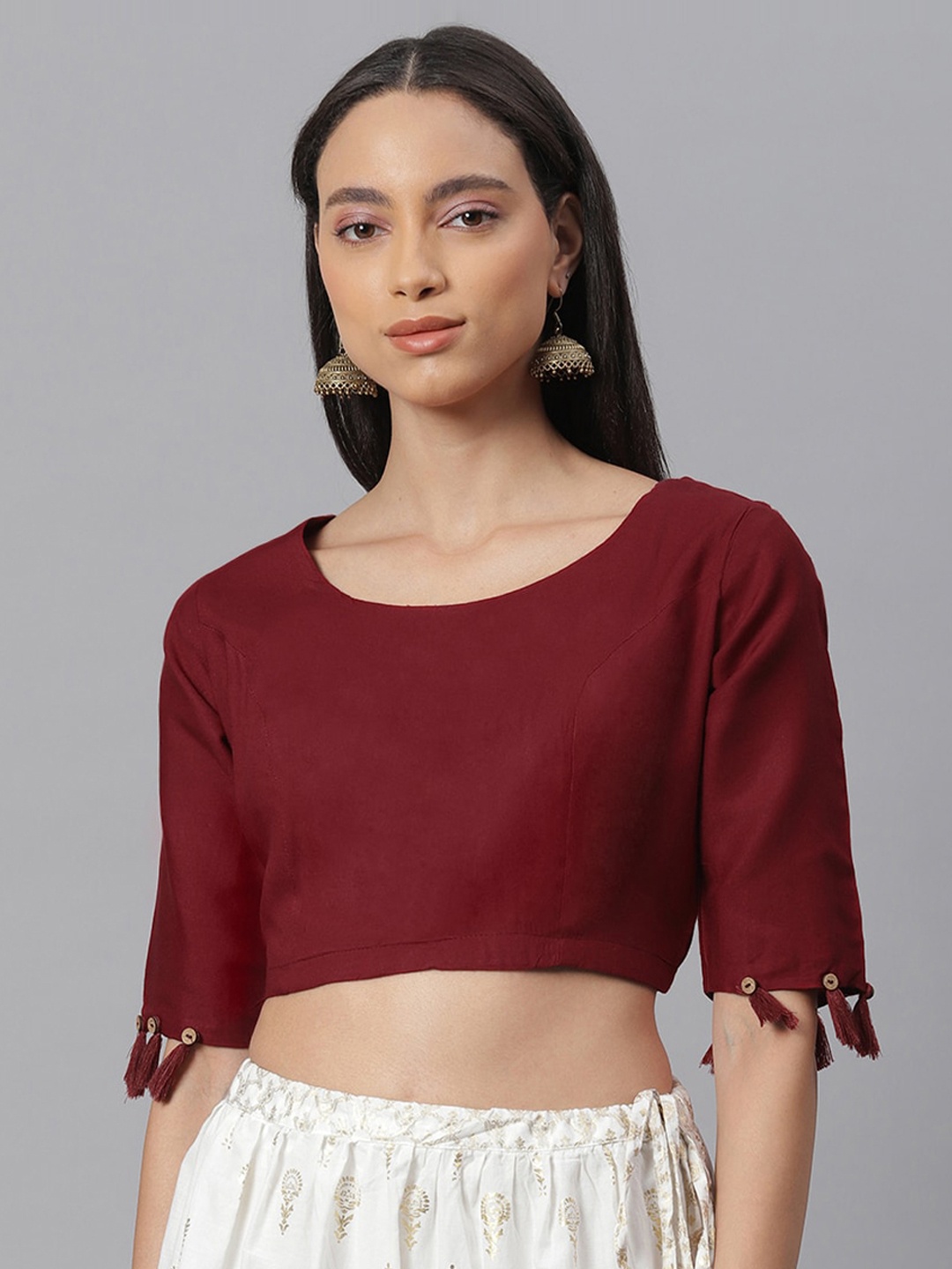 

Janasya Women Maroon Solid Saree Blouse